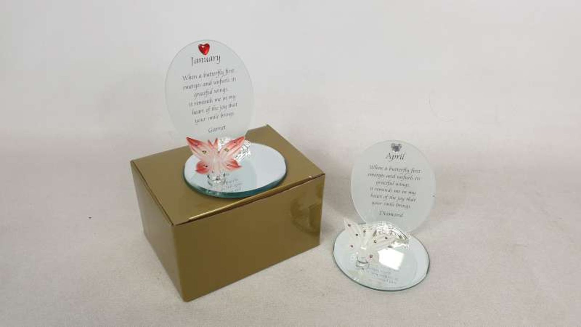 96 X BRAND NEW BOXED MAYFLOWER COLLECTION GLASS BUTTERFLY PLAQUES IN 4 BOXES