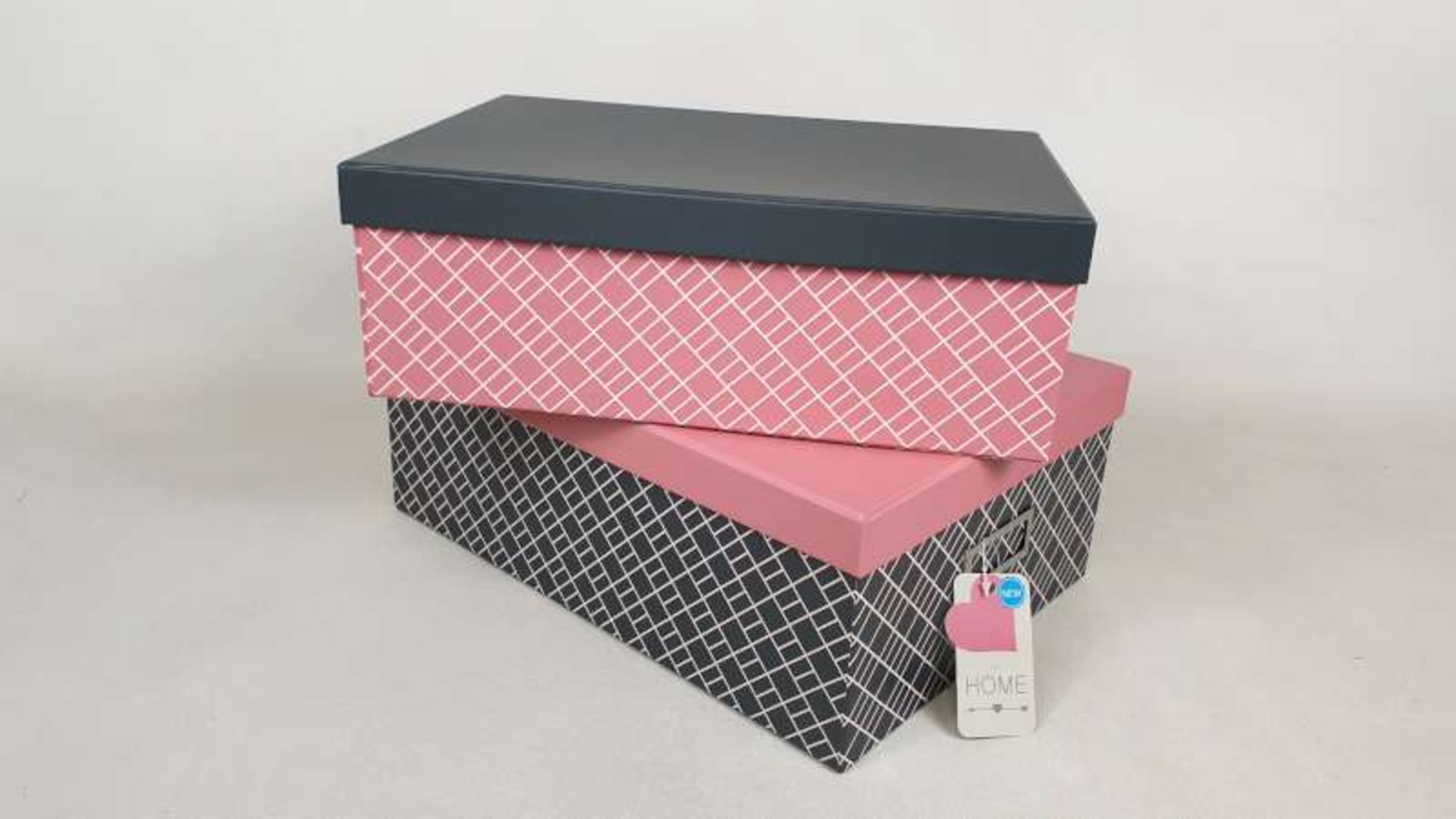 24 X BRAND NEW BOXED SET OF 2 PINK NEO PINK AND GREY STORAGE BOXES IN 3 BOXES