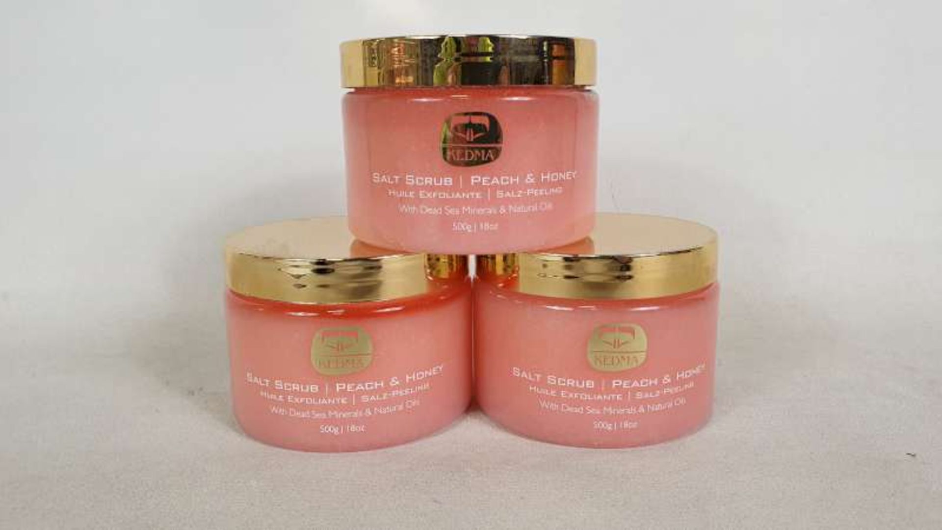 12 X BRAND NEW KEDMA PEACH AND HONEY SALT SCRUB 500G WITH DEAD SEA MINERALS AND NATURAL OILS