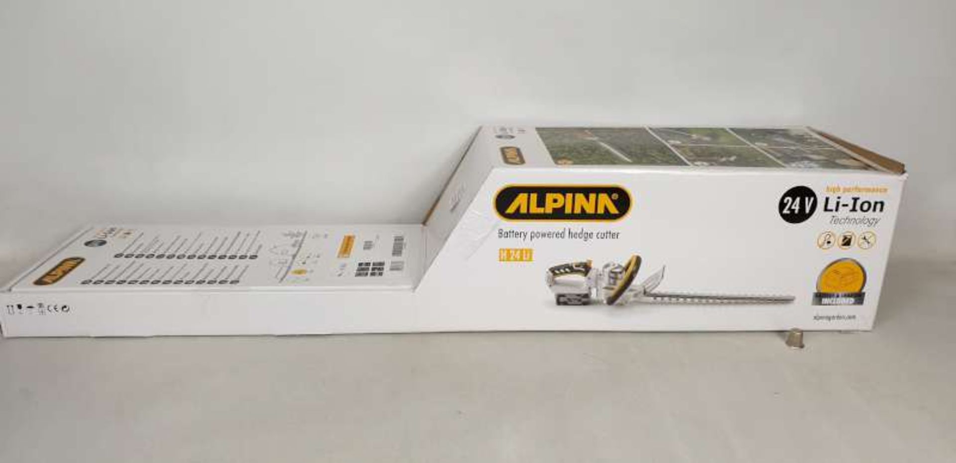 BRAND NEW BOXED ALPINA 24 VOLT LI - ION TECHNOLOGY BATTERY POWERED HEDGE CUTTERS, BATTERY AND