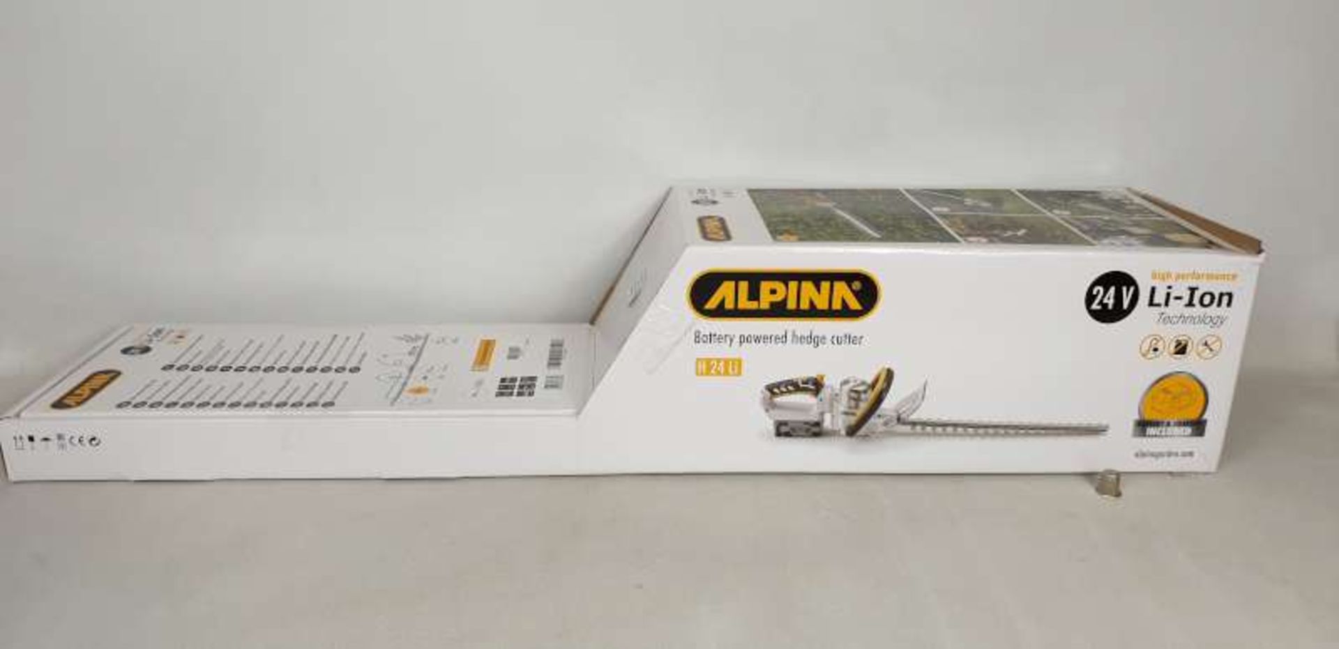 BRAND NEW BOXED ALPINA 24 VOLT LI - ION TECHNOLOGY BATTERY POWERED HEDGE CUTTERS, BATTERY AND