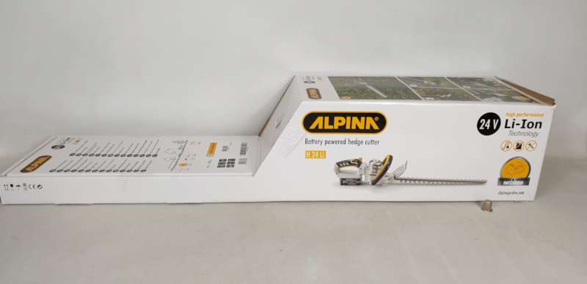 BRAND NEW BOXED ALPINA 24 VOLT LI - ION TECHNOLOGY BATTERY POWERED HEDGE CUTTERS, BATTERY AND