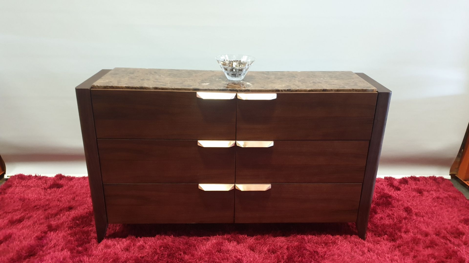 TIMBER TABACCO COLOURED 6 SOFT CLOSE DRAWER SIDEBOARD WITH MARBLE INLAY SIZE 1600 X 450 X 962 RRP£