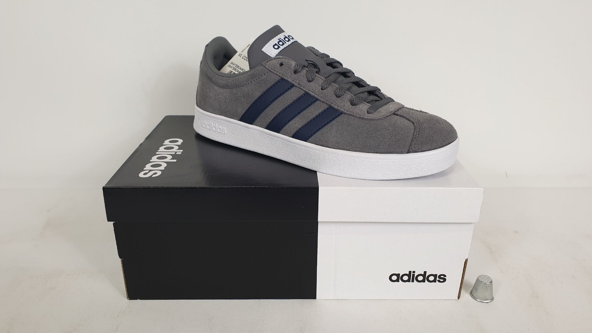 5 X PAIRS OF ADIDAS TRAINERS VL COURT 2.0 GREY W/ NAVY STRIPES SIZE 3.5 - BRAND NEW AND BOXED