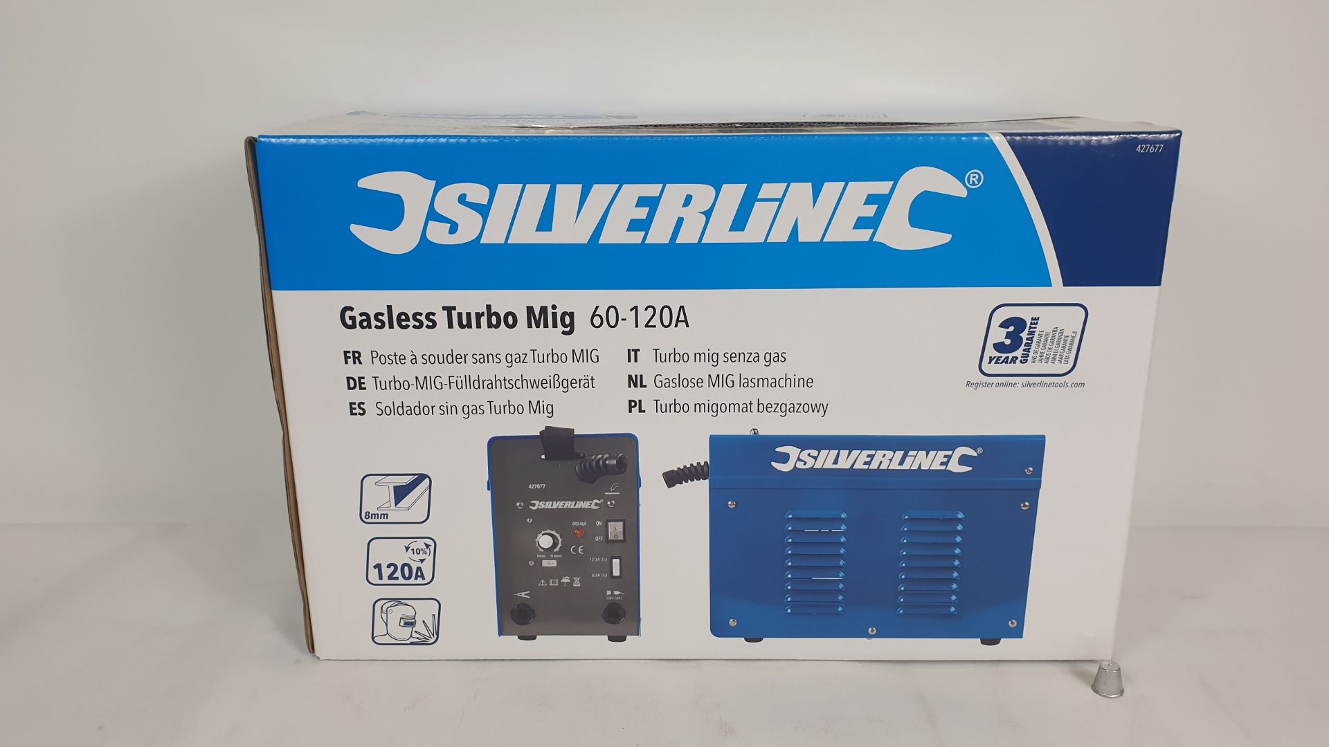 BRAND NEW BOXED SILVERLINE GASLESS TURBO MIG WELDING SET 60-120A (PRODUCT CODE 427677). COMPRISING