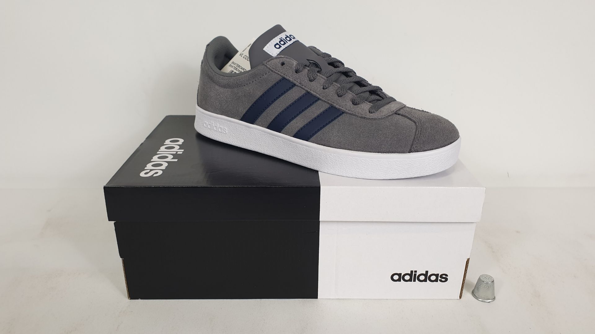 5 X PAIRS OF ADIDAS TRAINERS VL COURT 2.0 GREY W/ NAVY STRIPES SIZE 3.5 - BRAND NEW AND BOXED