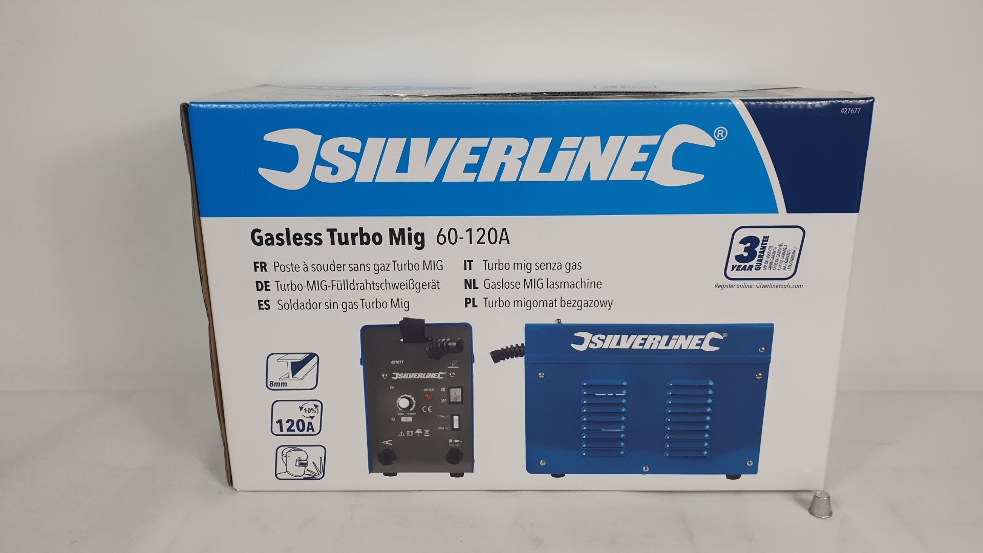 BRAND NEW BOXED SILVERLINE GASLESS TURBO MIG WELDING SET 60-120A (PRODUCT CODE 427677). COMPRISING