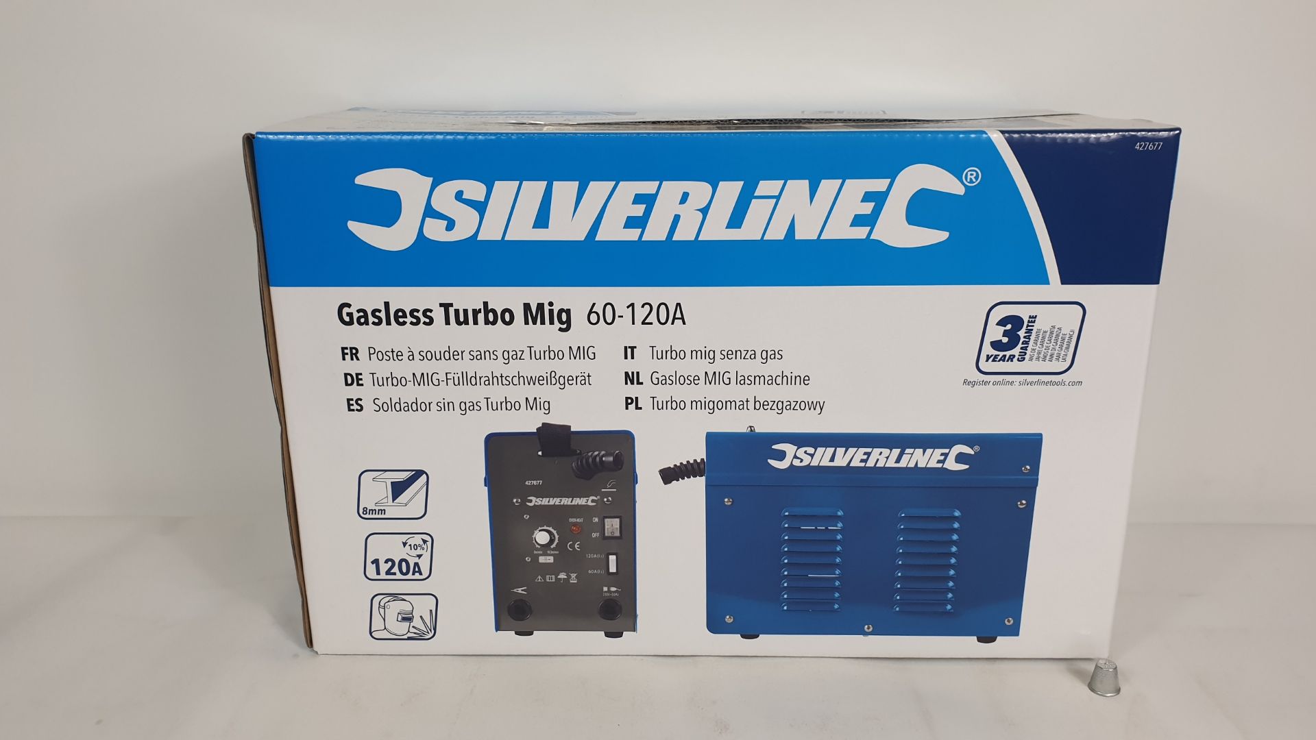 BRAND NEW BOXED SILVERLINE GASLESS TURBO MIG WELDING SET 60-120A (PRODUCT CODE 427677). COMPRISING