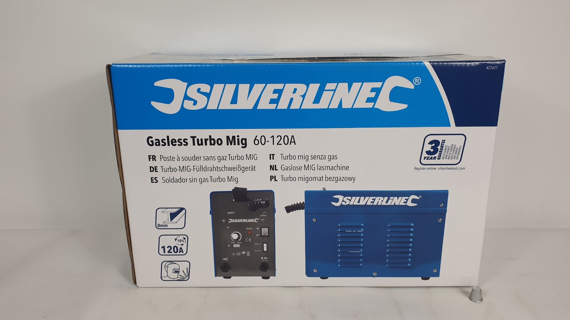 BRAND NEW BOXED SILVERLINE GASLESS TURBO MIG WELDING SET 60-120A (PRODUCT CODE 427677). COMPRISING