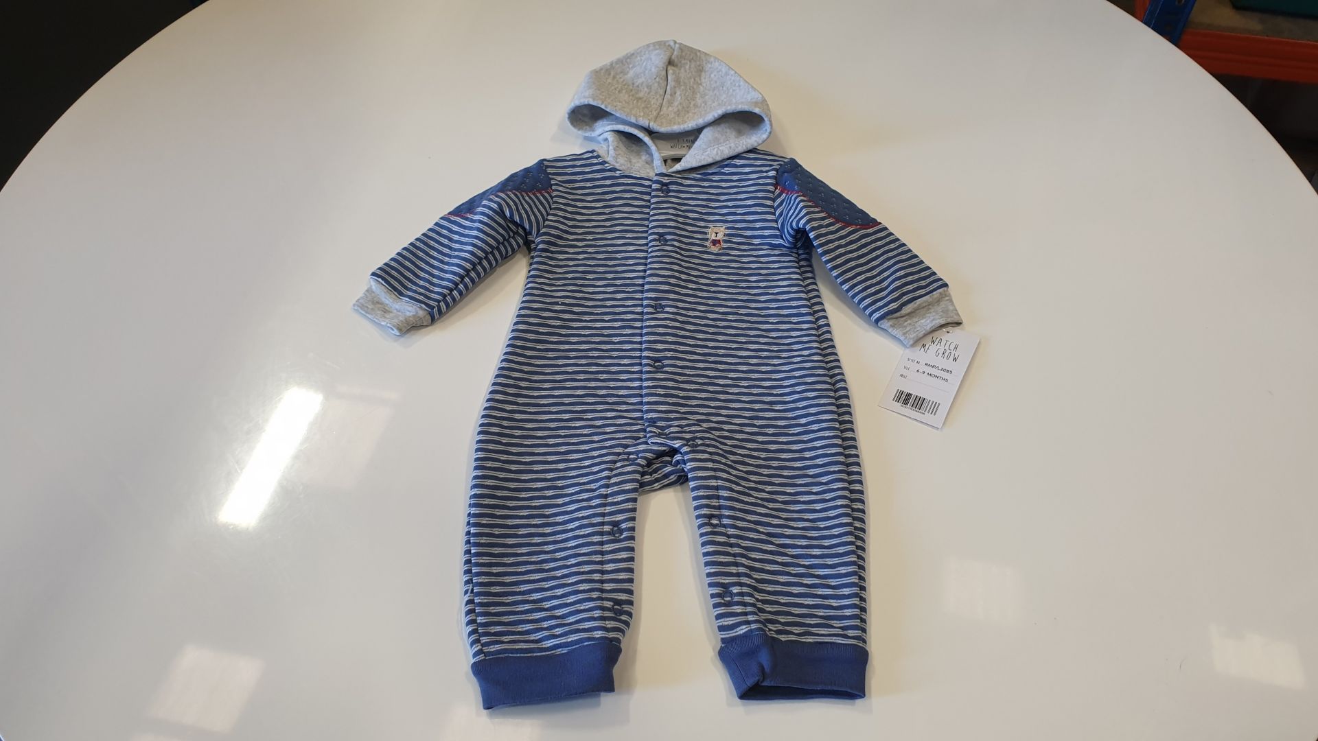 6 X BRAND NEW WATCH ME GROW BLUE STRIPED BABY GROW WITH GREY HOOD IN VARIOUS SIZES