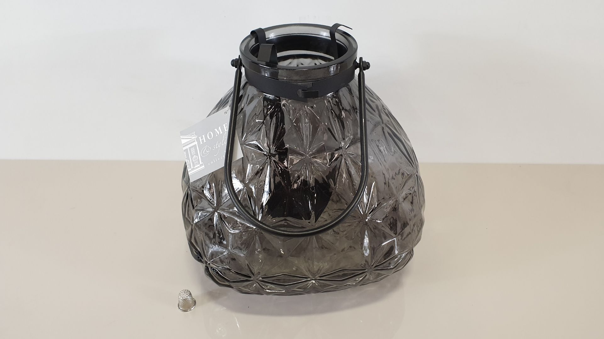 8 X BLACK GLASS HANGING LANTERN WITH STAR CUT PATTERN AND BLACK POWDER COATED METAL CANDLEHOLDER