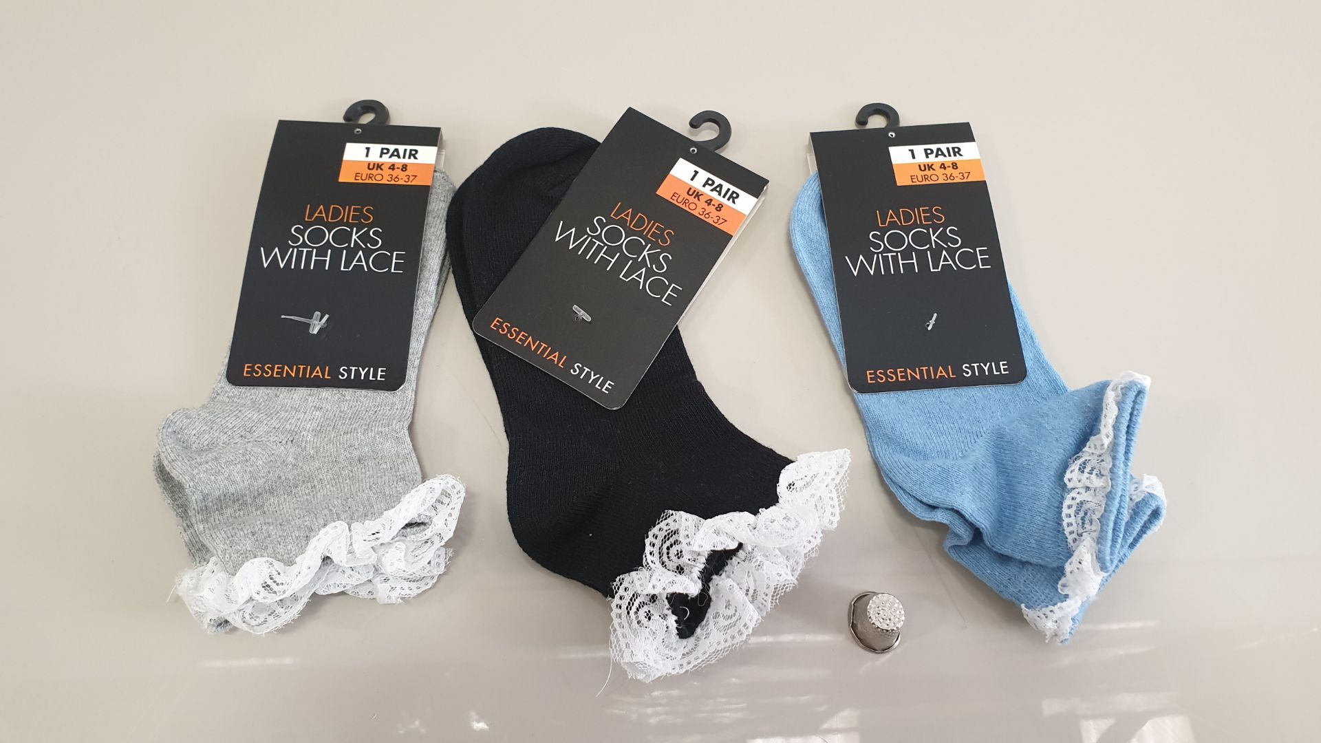 72 PAIRS OF LADIES SOCKS WITH LACE - BLACK, GREY, BLUE (SIZE UK 4-8) - IN 3 BOXES
