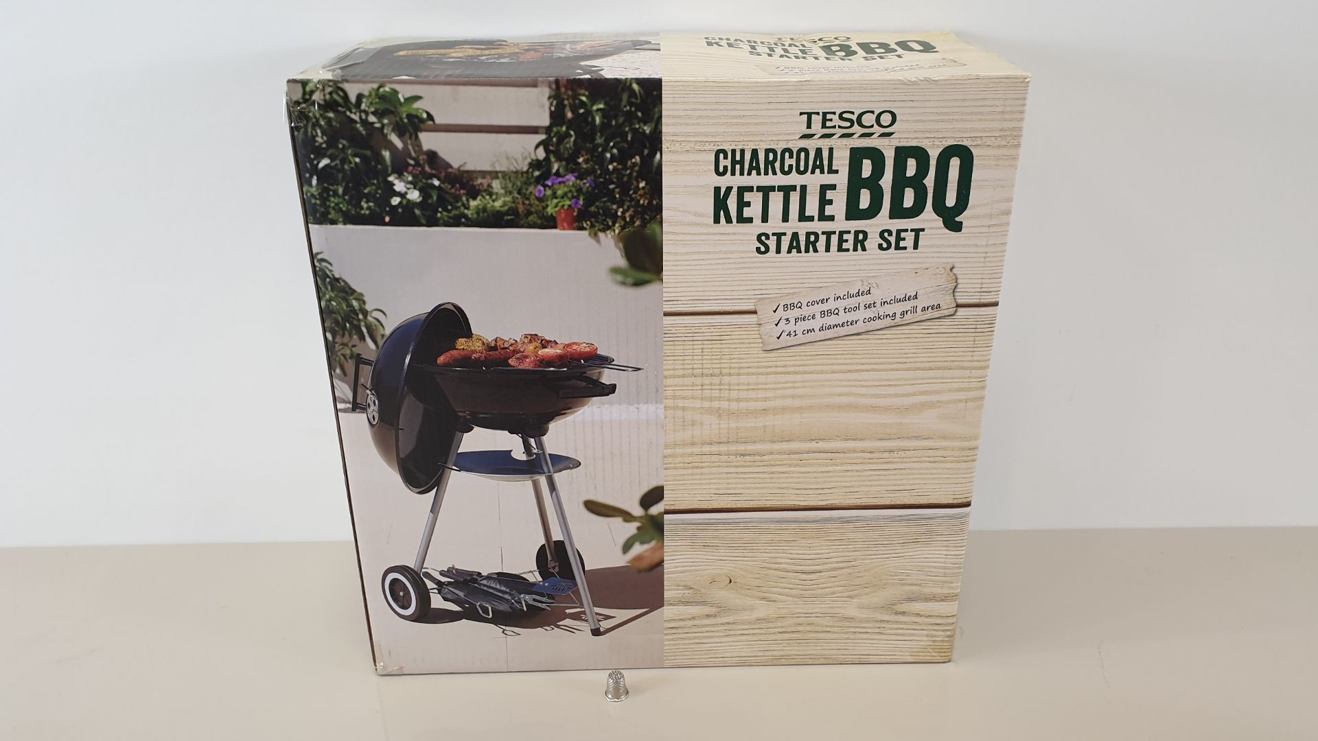 8 X TESCO CHARCOAL KETTLE BARBEQUE STARTER SETS - INC. 41 CM DIA BBQ, BBQ COVER, 3 PC TOOL SET