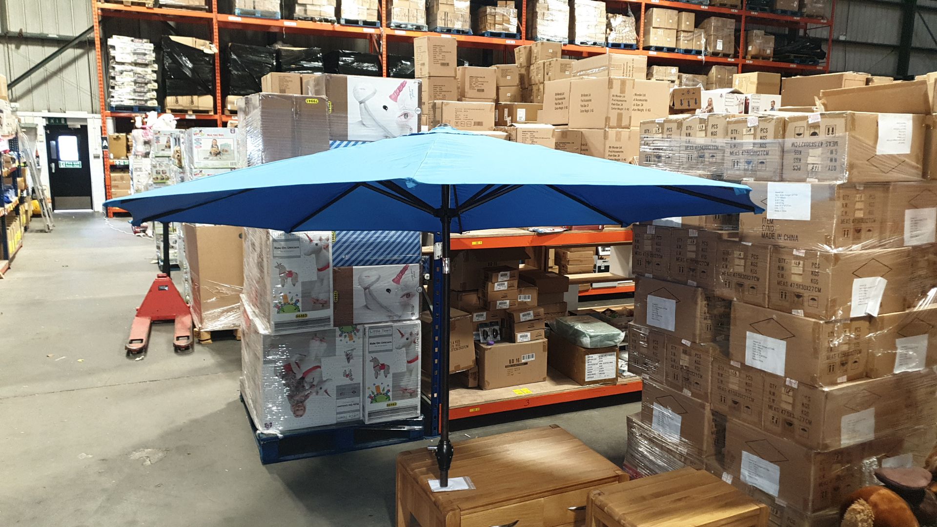 (LOT FOR THURSDAY 28TH MAY AUCTION) 3 X WIND UP LARGE MID BLUE PARASOLS - IN 3 BOXES