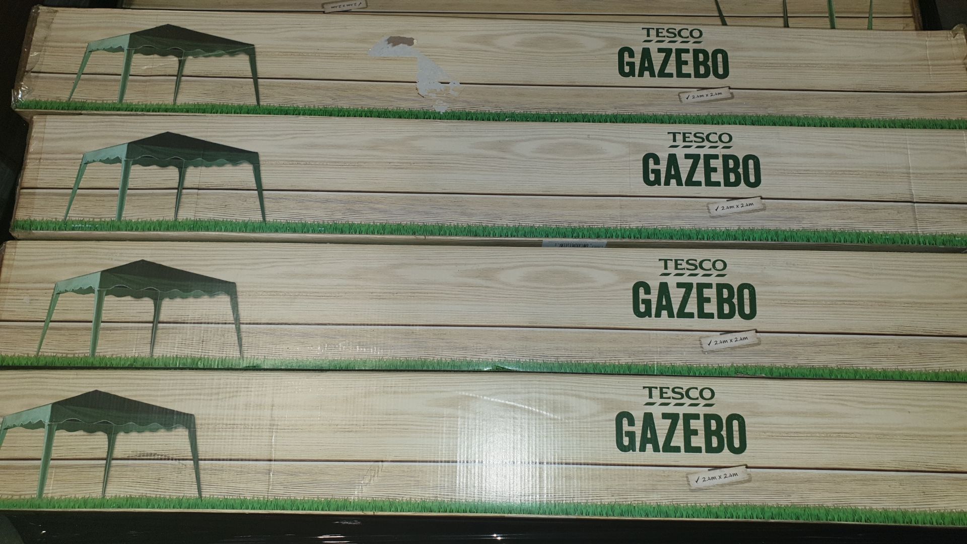 (LOT FOR THURSDAY 28TH MAY AUCTION) 6 X GREEN GAZEBOS 2.4 X 2.4 M (NOTE SOME BOXES ARE DAMAGED)