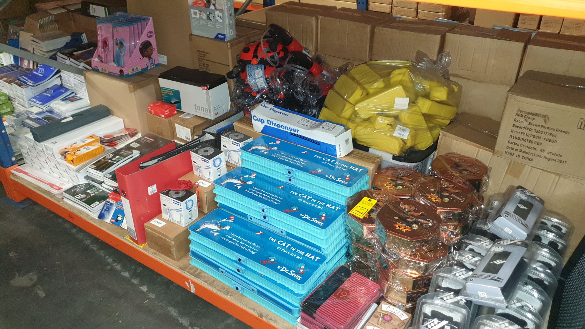 (LOT FOR THURSDAY 28TH MAY AUCTION) MISC LOT OF MAINLY STATIONERY ITEMS IN A BAY IE. A4 PAPER, PENS,