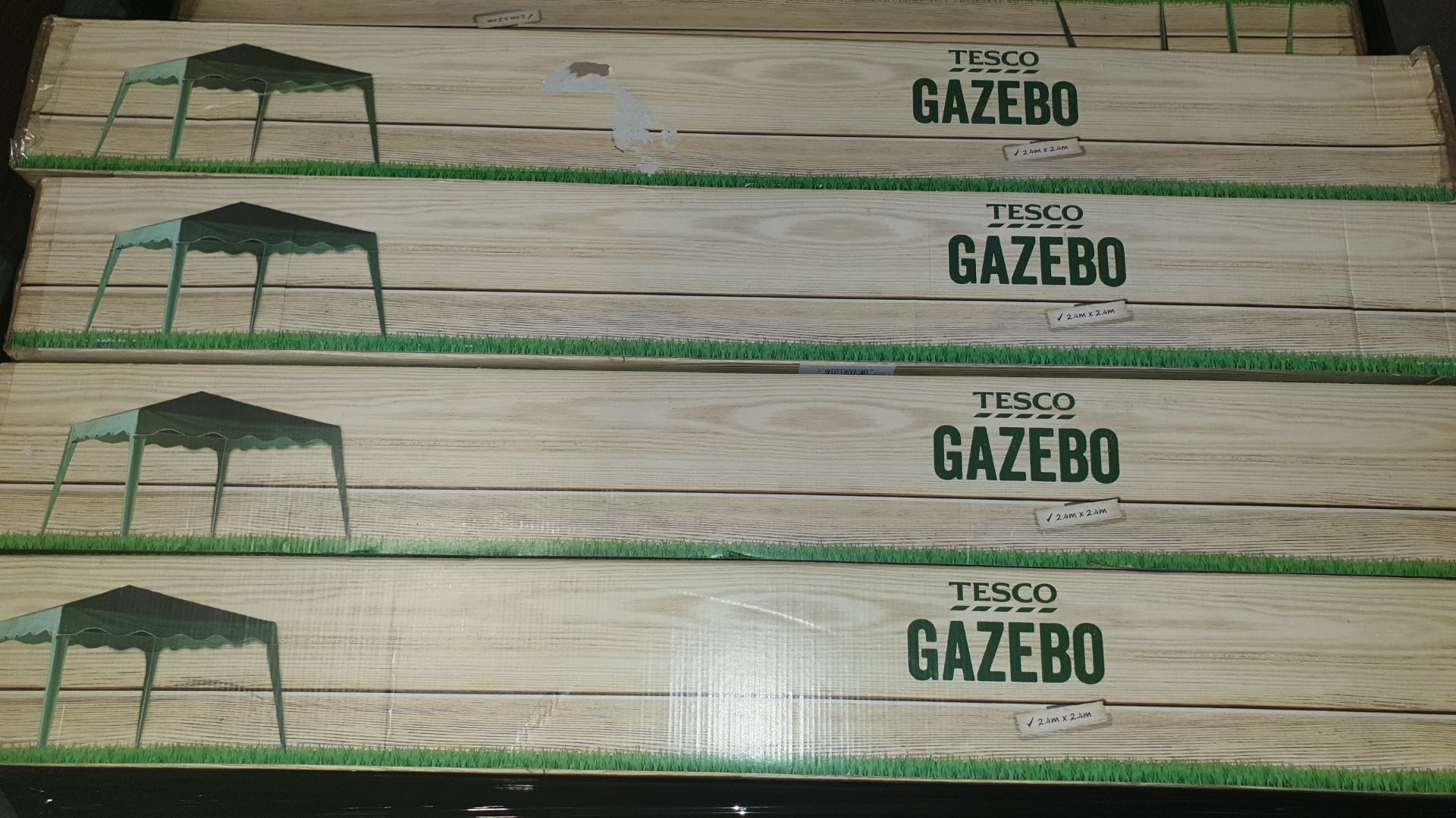 (LOT FOR THURSDAY 28TH MAY AUCTION) 6 X GREEN GAZEBOS 2.4 X 2.4 M (NOTE SOME BOXES ARE DAMAGED)