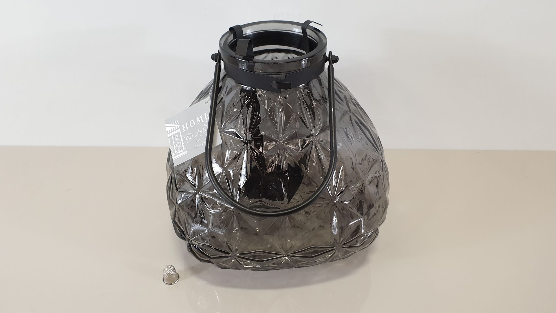 8 X BLACK GLASS HANGING LANTERN WITH STAR CUT PATTERN AND BLACK POWDER COATED METAL CANDLEHOLDER