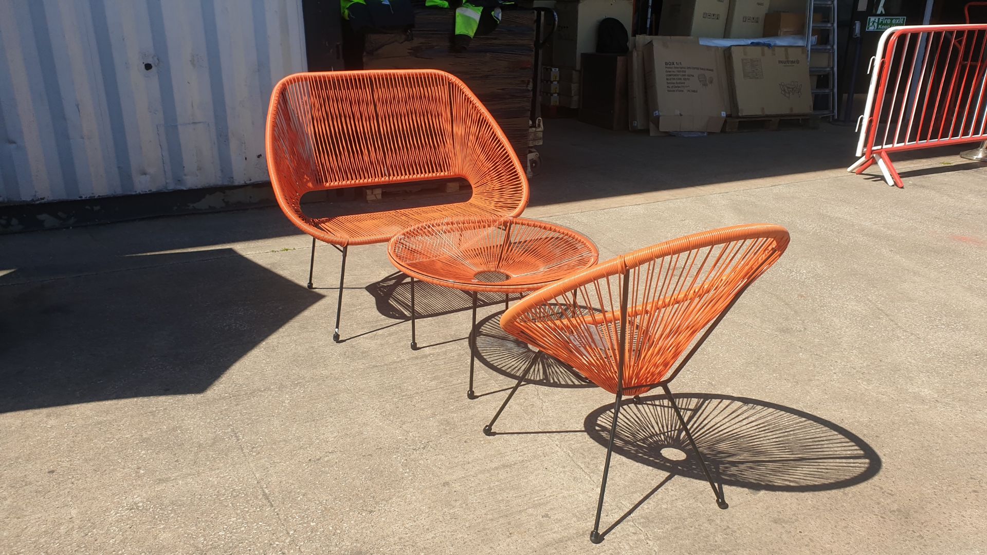 3 PC ORANGE STRING BISTRO SET COMPRISING ROUND COFFEE TABLE WITH TEMPERED GLASS TOP, DOUBLE