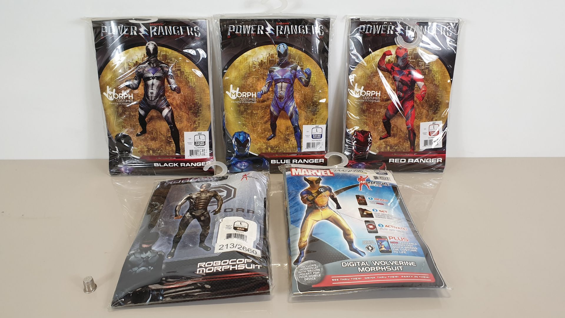 10 X ASSORTED MORPHSUITS IN SIZE LARGE (3 X ROBOCOP, 3 X WOLVERINE, 4 X POWER RANGER - 2 BLACK, 1