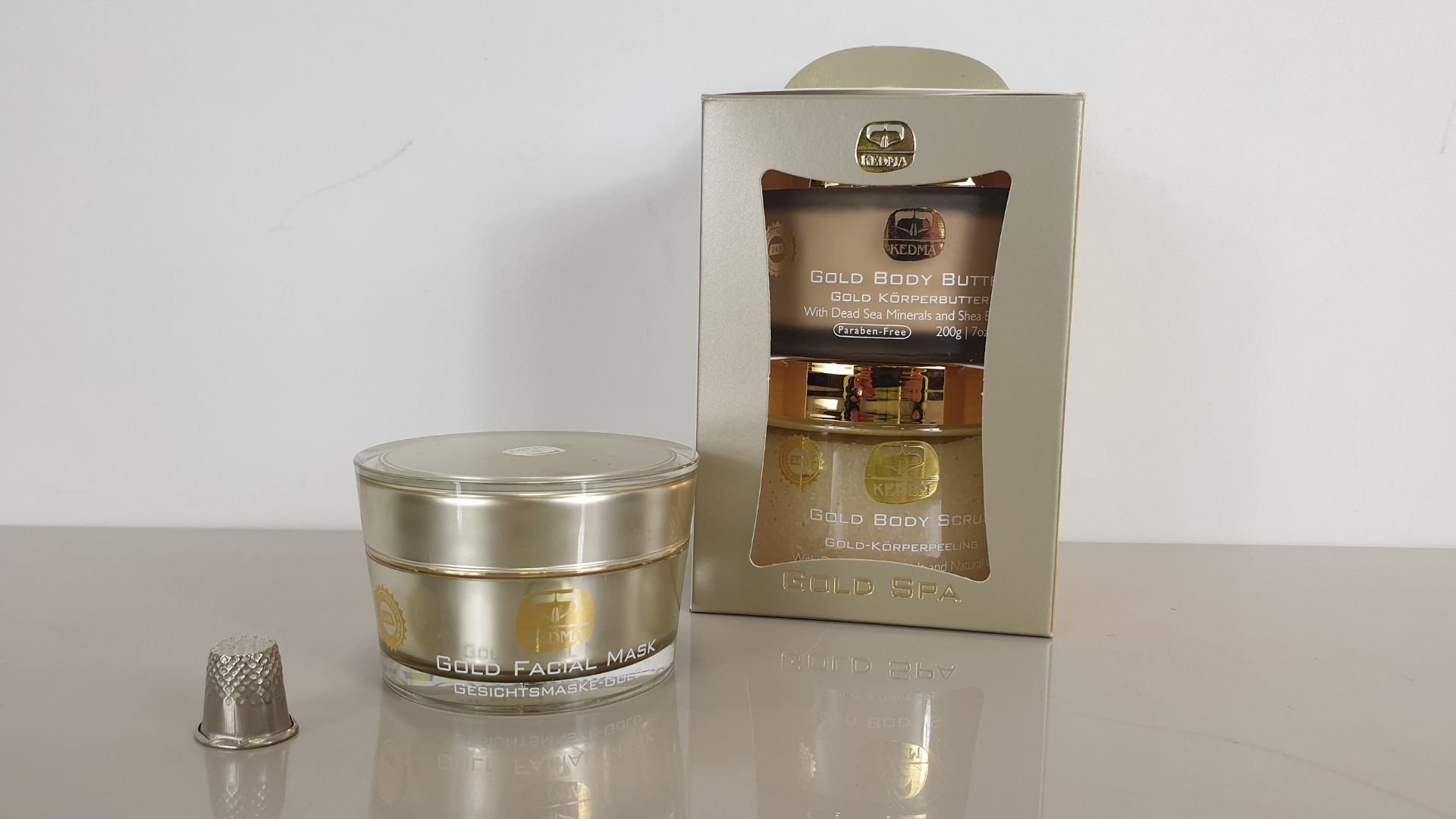 MIXED LOT CONTAINING KEDMA GOLD SPA - GOLD BODY BUTTER, GOLD BODY SCRUB AND GOLD FACIAL MASK ALL