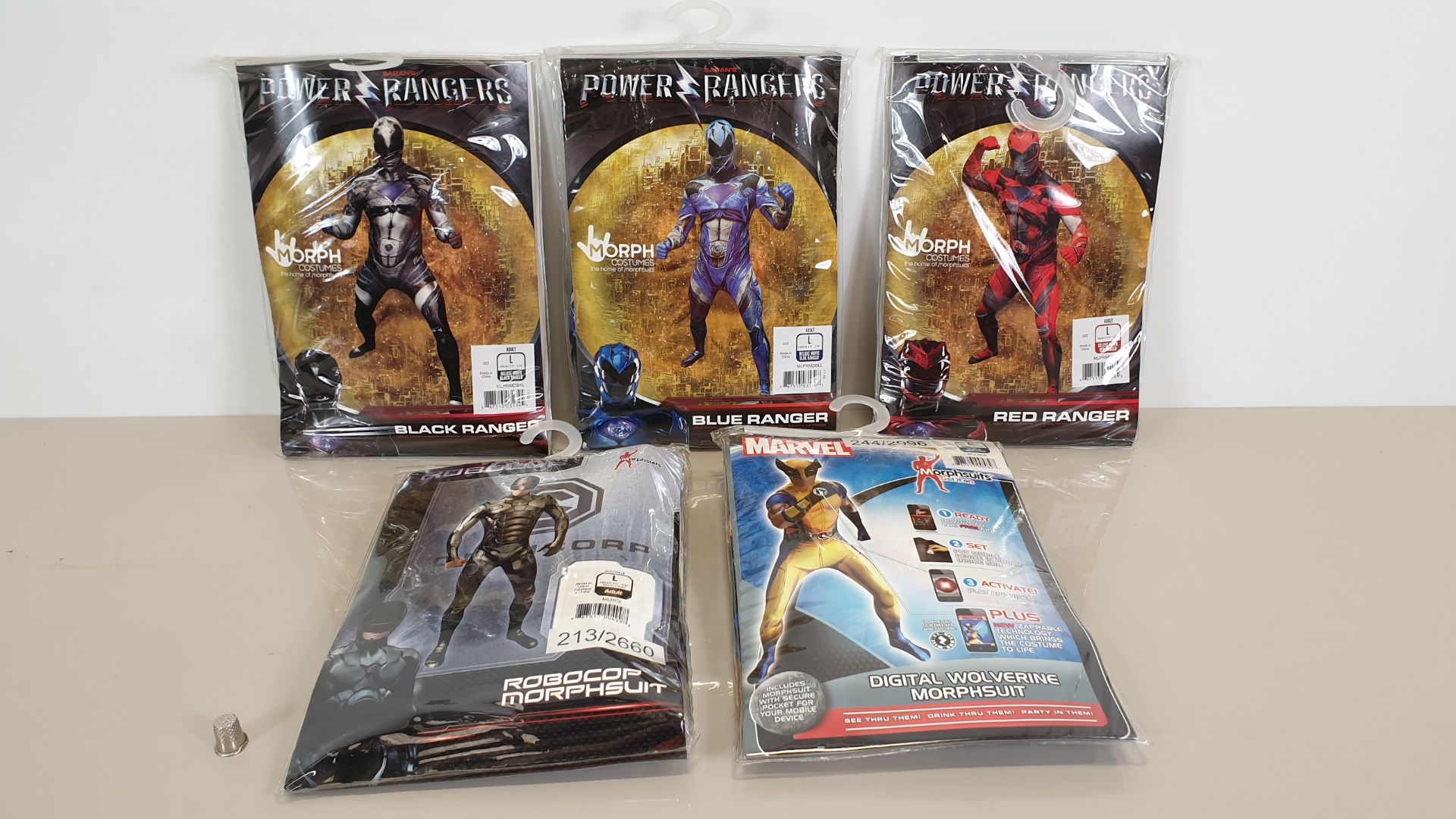 10 X ASSORTED MORPHSUITS IN SIZE LARGE (3 X ROBOCOP, 3 X WOLVERINE, 4 X POWER RANGER - 2 BLACK, 1