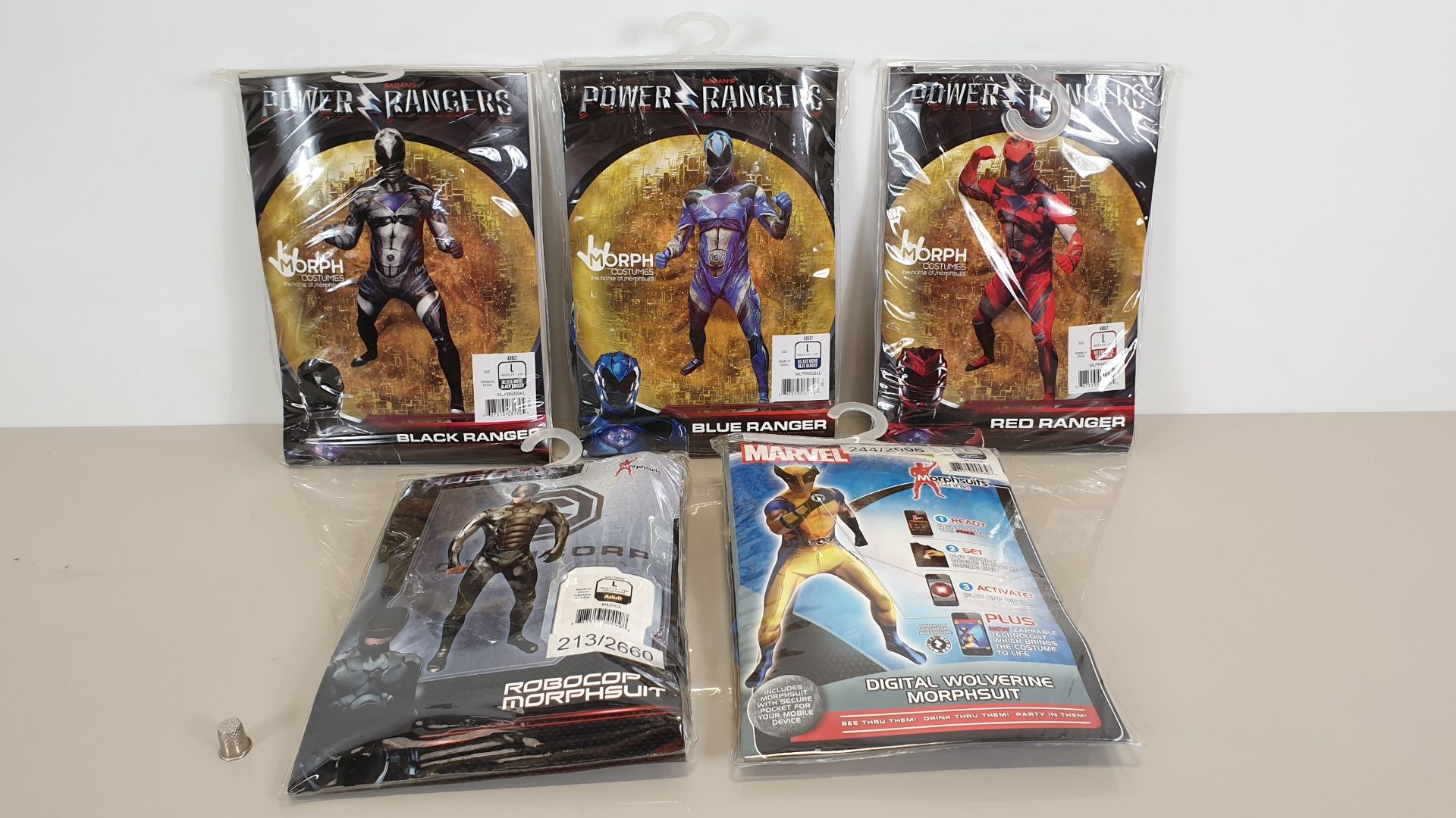 10 X ASSORTED MORPHSUITS IN SIZE LARGE (3 X ROBOCOP, 3 X WOLVERINE, 4 X POWER RANGER - 2 BLACK, 1