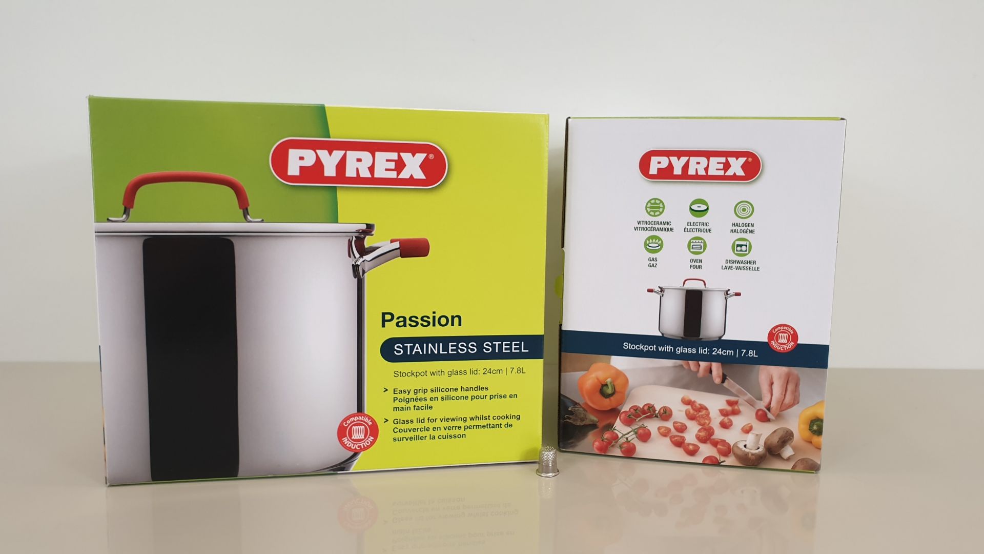 8 X BRAND NEW BOXED PYREX PASSION STAINLESS STEEL STOCKPOT WITH GLASS LID - 24CM / 7.8L - IN 4