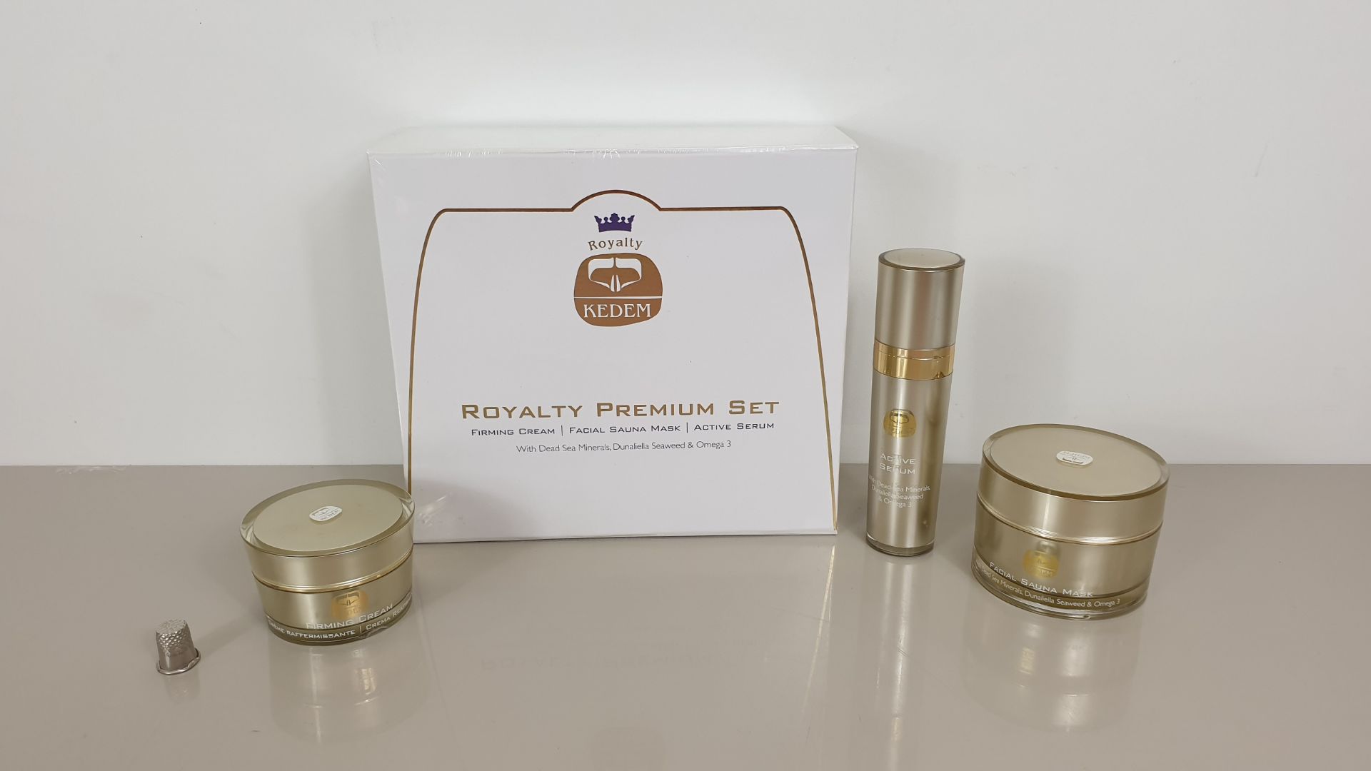 BRAND NEW BOXED KEDEM ROYALTY PREMIUM SET INCLUDES FIRMING CREAM, FACIAL SAUNA MASK AND ACTIVE SERUM