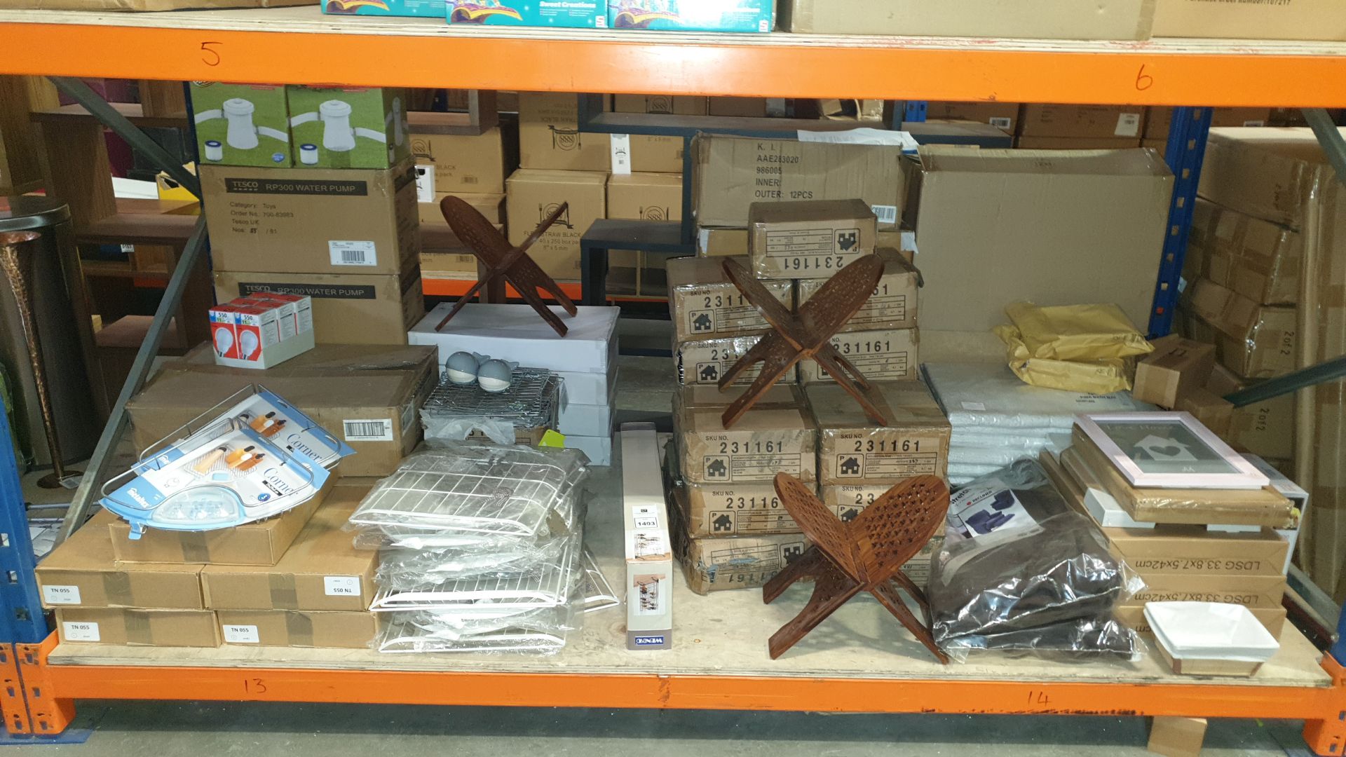 FULL BAY CONTAINING BRAND NEW TESCO WATER PUMPS, TESCO LIGHT BULBS, SHOWER ACCESSORIES, WHALE