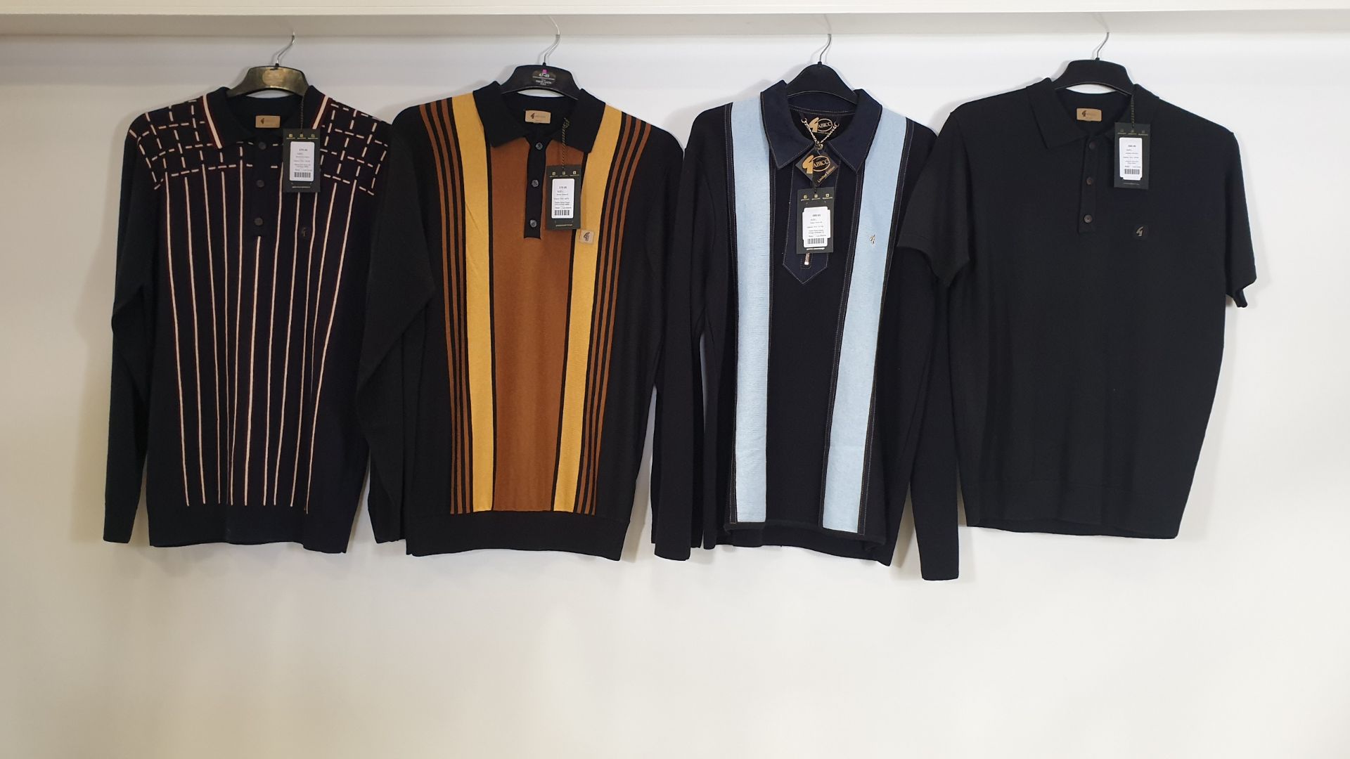 4 PIECE GABICCI LOT INCLUDES - SEARLE STRIPED KNIT BLACK AND YELLOW POLO - L £70.00 - BIOME KNIT