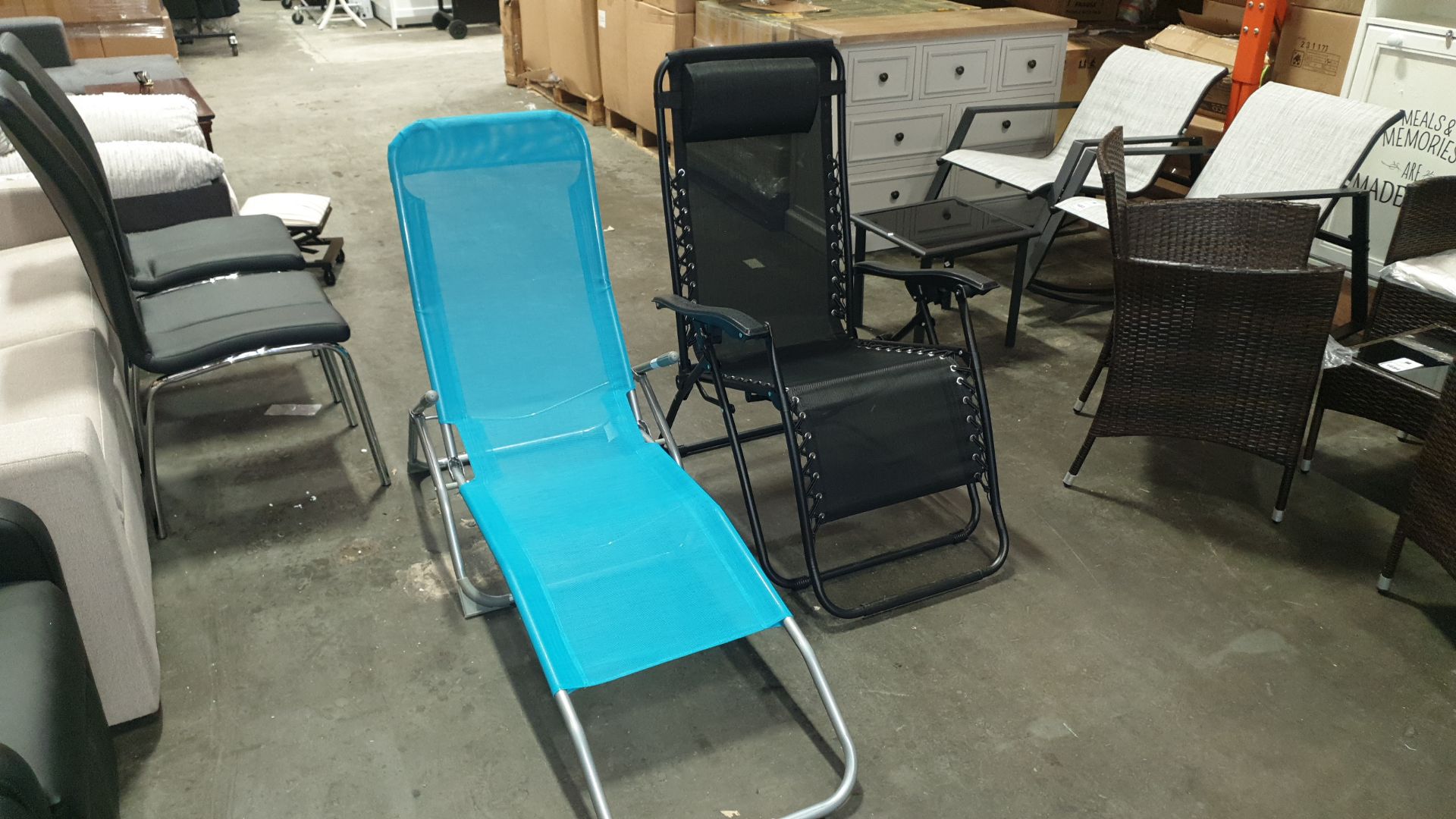 4 X GARDEN LOUNGERS - 3 TURQUOISE, 1 BLACK