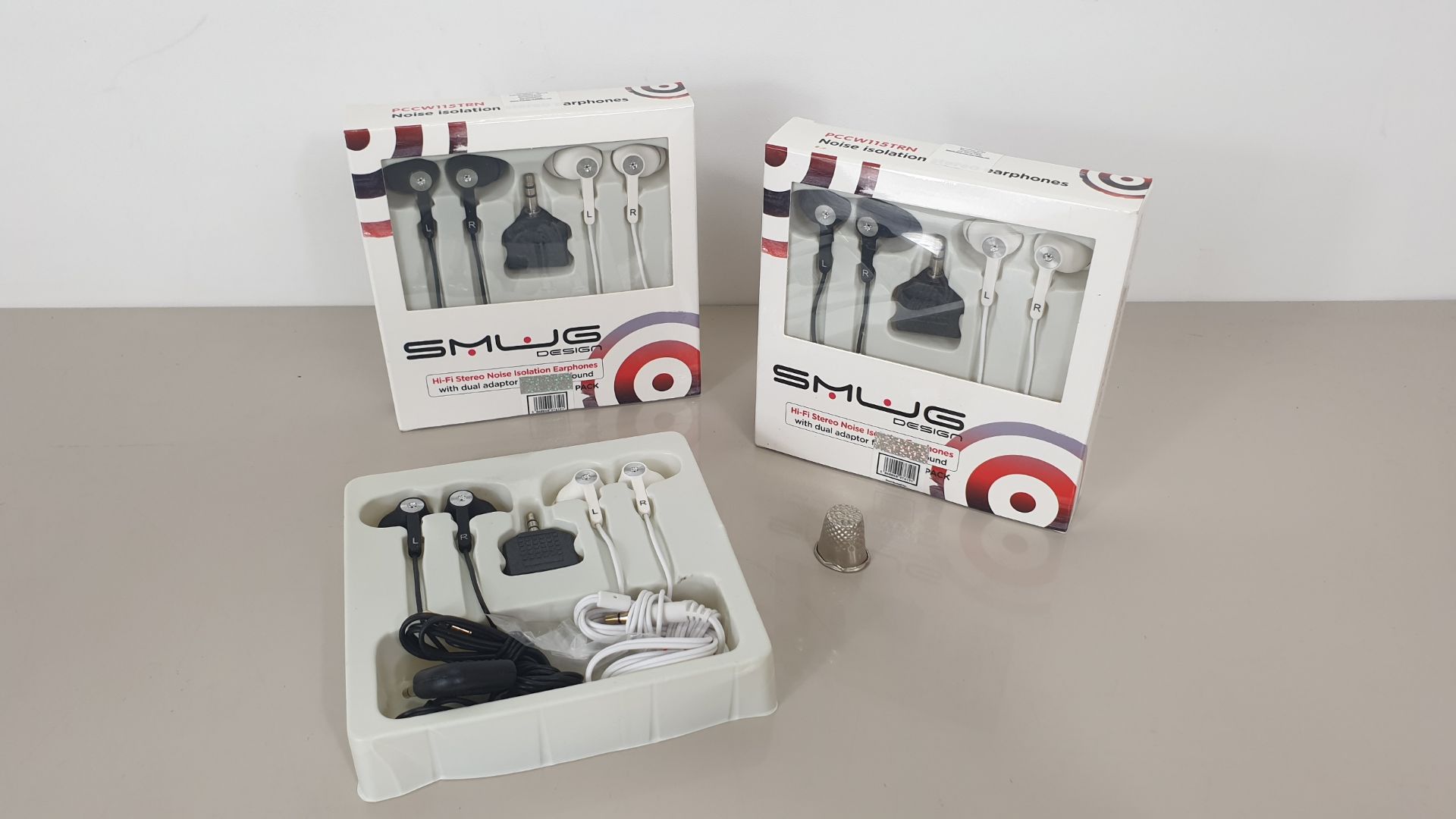 100 X SMUG DESIGN TWIN PACK HI-FI NOISE ISOLATION EARPHONES WITH DUAL AIRLINE ADAPTOR IN A DISPLAY