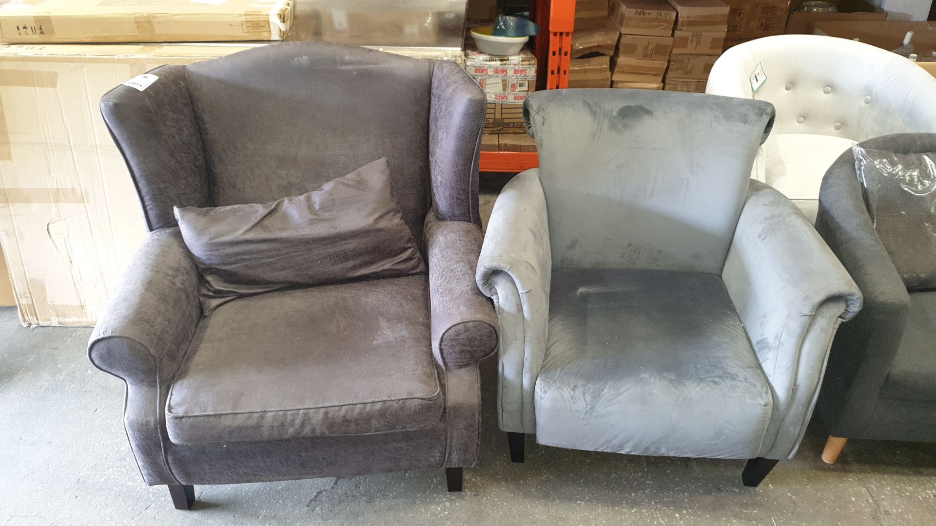 2 X SILVER CHAIRS 1 SILVER WINGED CHAIR 1 SILVER UPHOLSTERED CHAIR