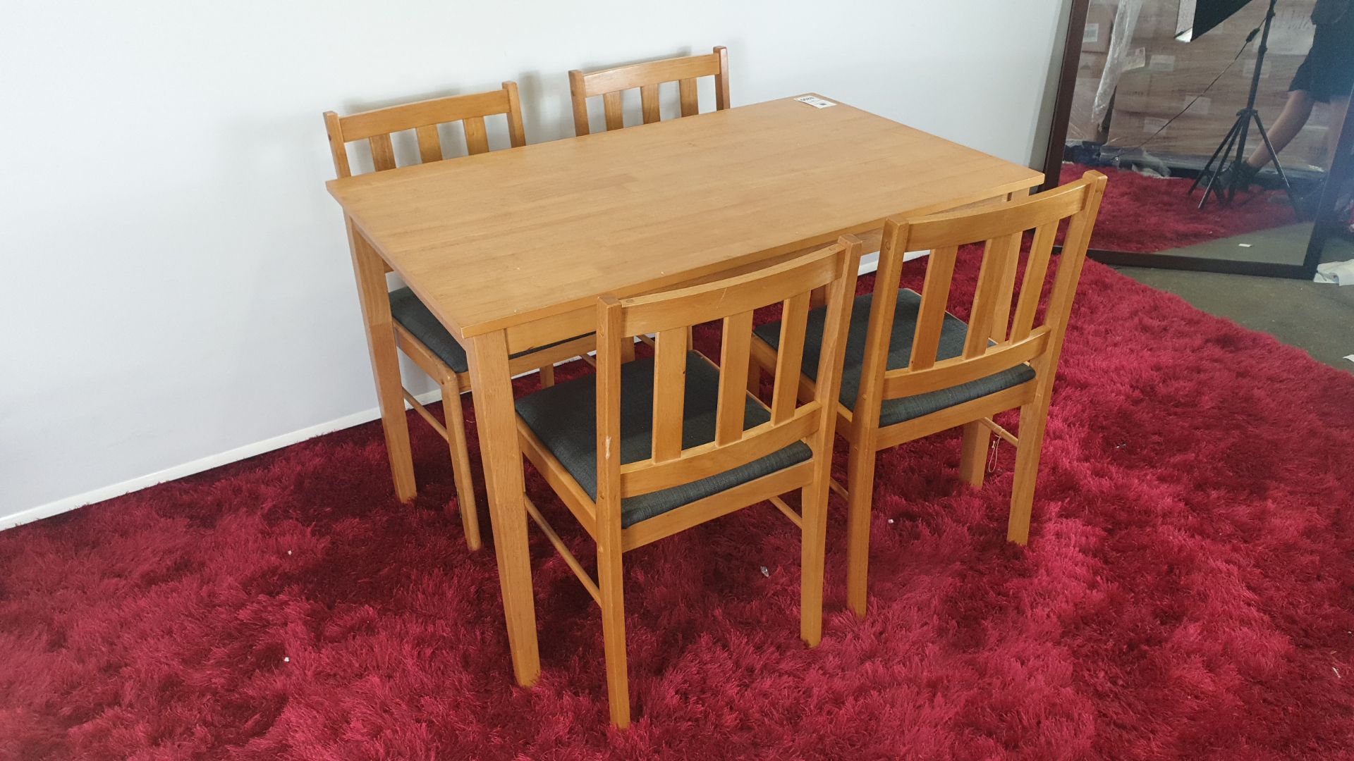 5 PC WOODEN DINING SET COMPRISING TABLE & 4 CHAIRS WITH CHARCOAL GREY FABRIC SEATING (SAMPLE)