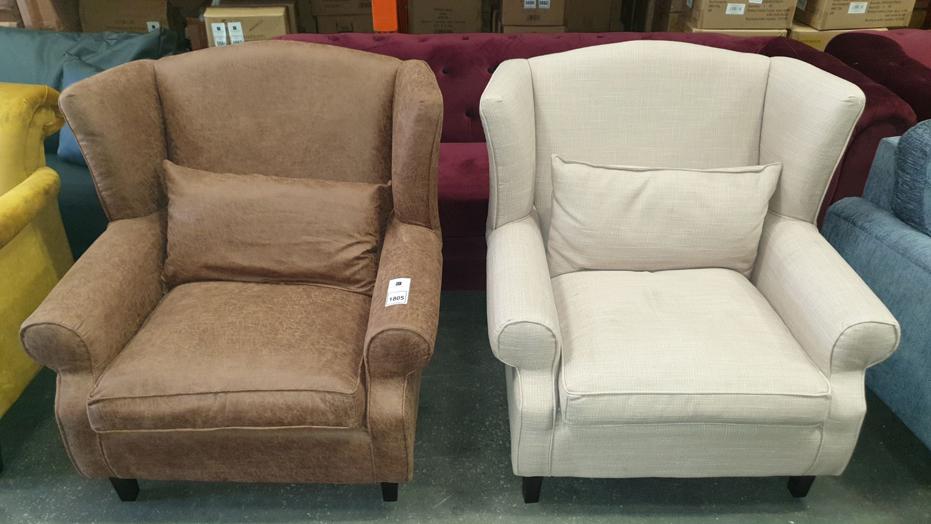 2 X WINGED ARM CHAIRS 1 BROWN 1 CREAM