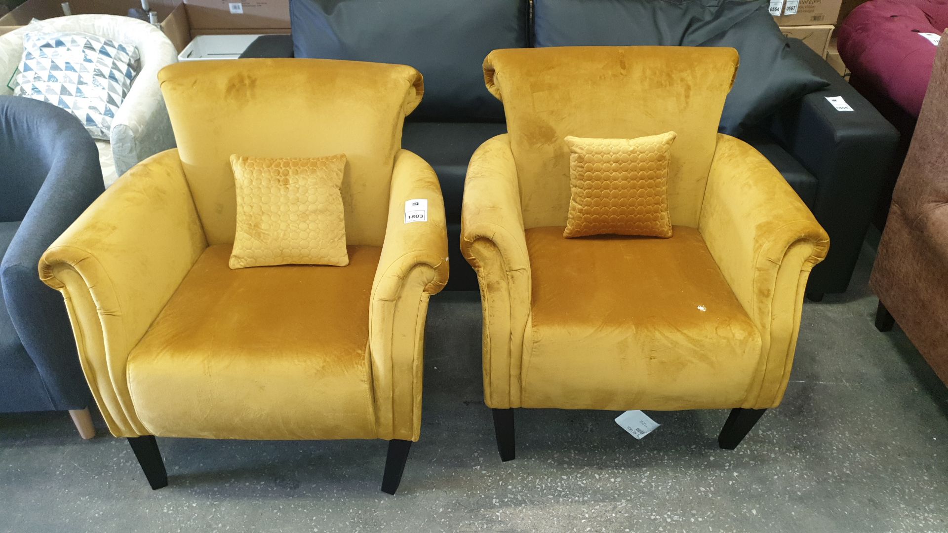 2 X MUSTARD COLOUR TUB CHAIRS WITH CUSHIONS