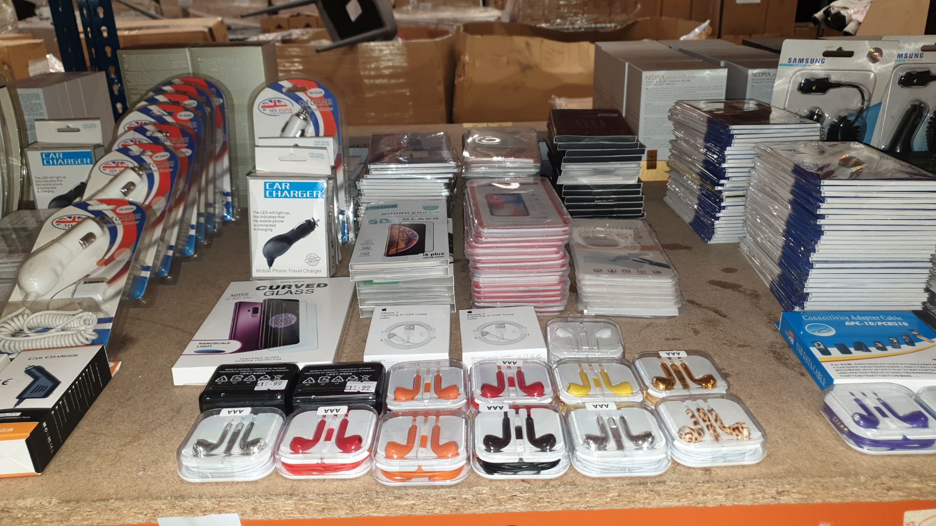 MIXED PHONE ACCESSORIES IE. CAR CHARGERS, GLASS SCREEN PROTECTORS AND EARPODS ETC.