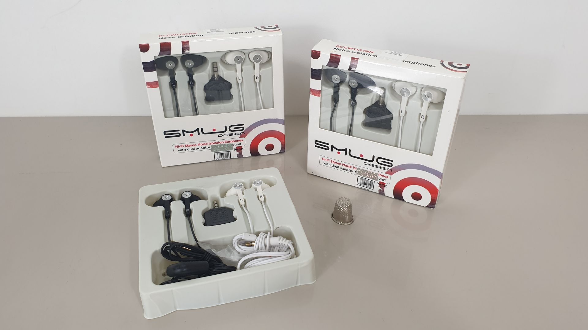 100 X SMUG DESIGN TWIN PACK HI-FI NOISE ISOLATION EARPHONES WITH DUAL AIRLINE ADAPTOR IN A DISPLAY