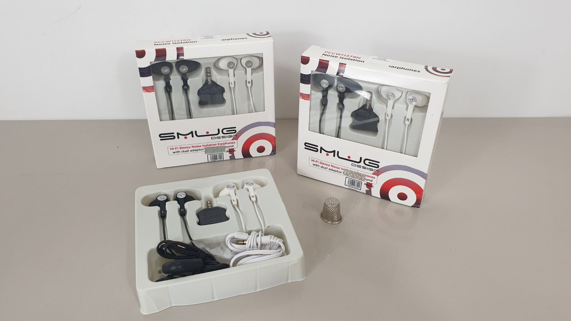 100 X SMUG DESIGN TWIN PACK HI-FI NOISE ISOLATION EARPHONES WITH DUAL AIRLINE ADAPTOR IN A DISPLAY