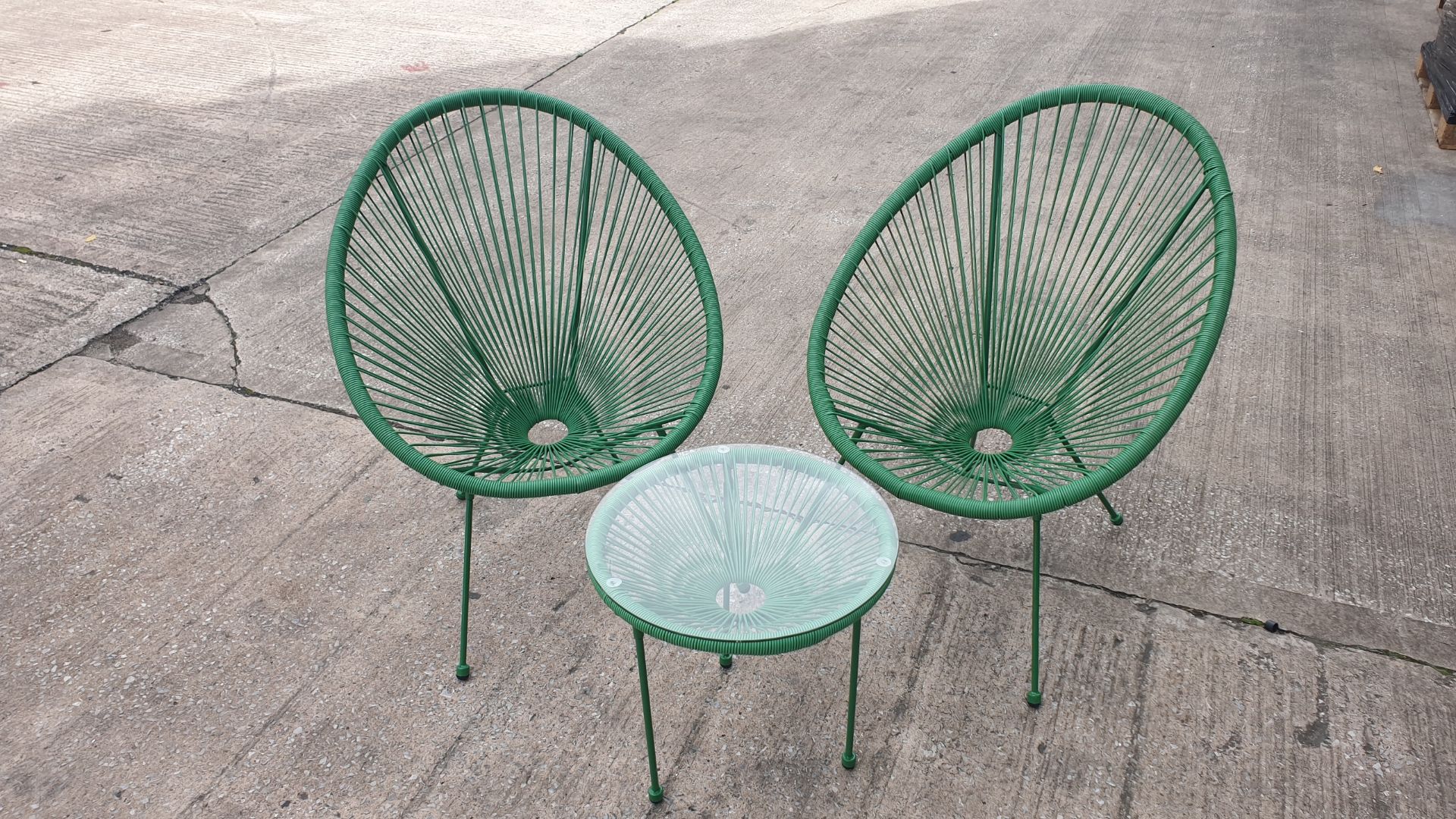 3 PC GREEN STRING BISTRO SET COMPRISING ROUND COFFEE TABLE WITH TEMPERED GLASS TOP AND 2 SINGLE