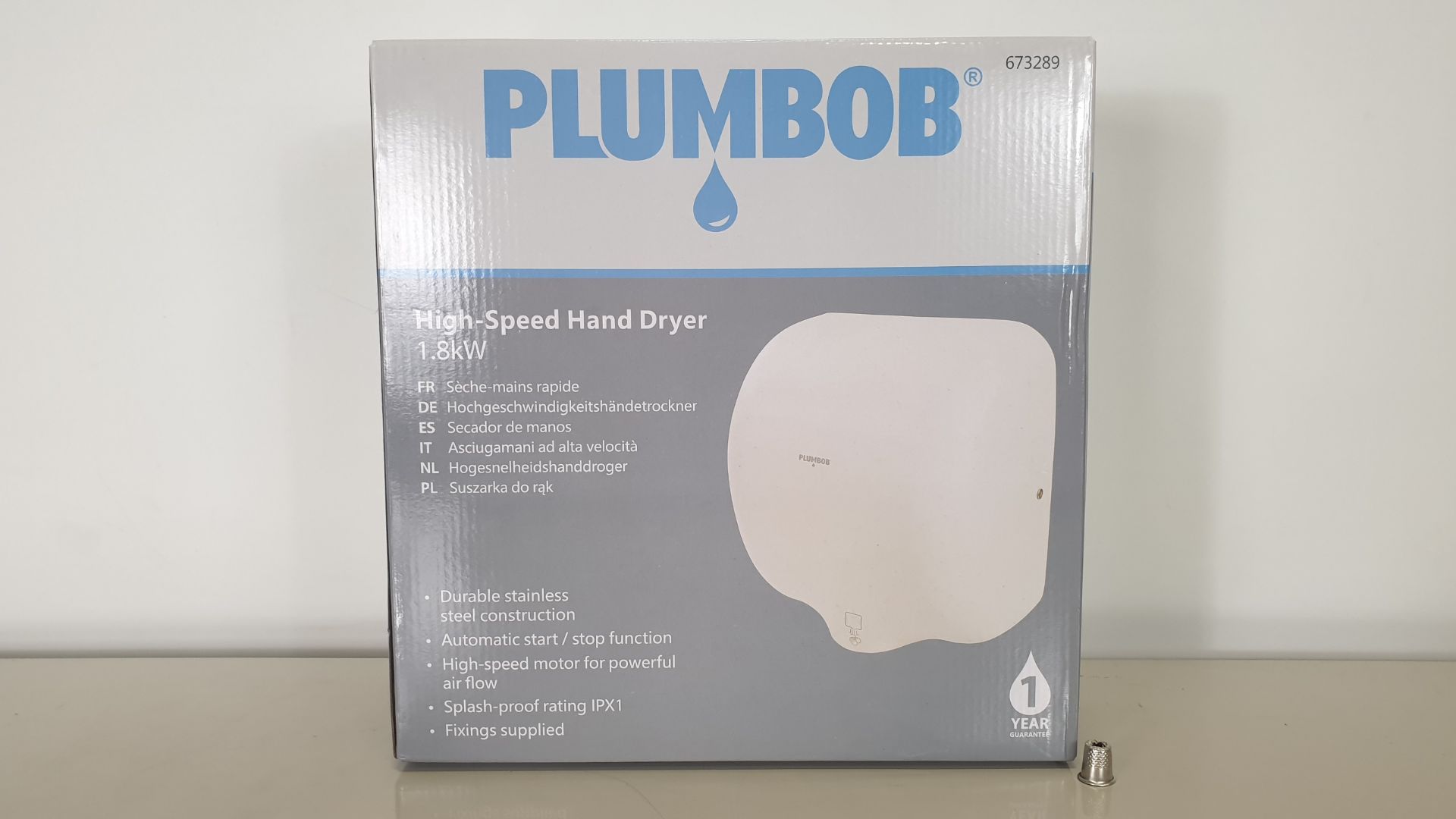 BRAND NEW PLUMBOB HIGH SPEED HAND DRYER 1.8KW - STAINLESS STEEL IN WHITE FINISH SPLASH PROOF TO IPX1