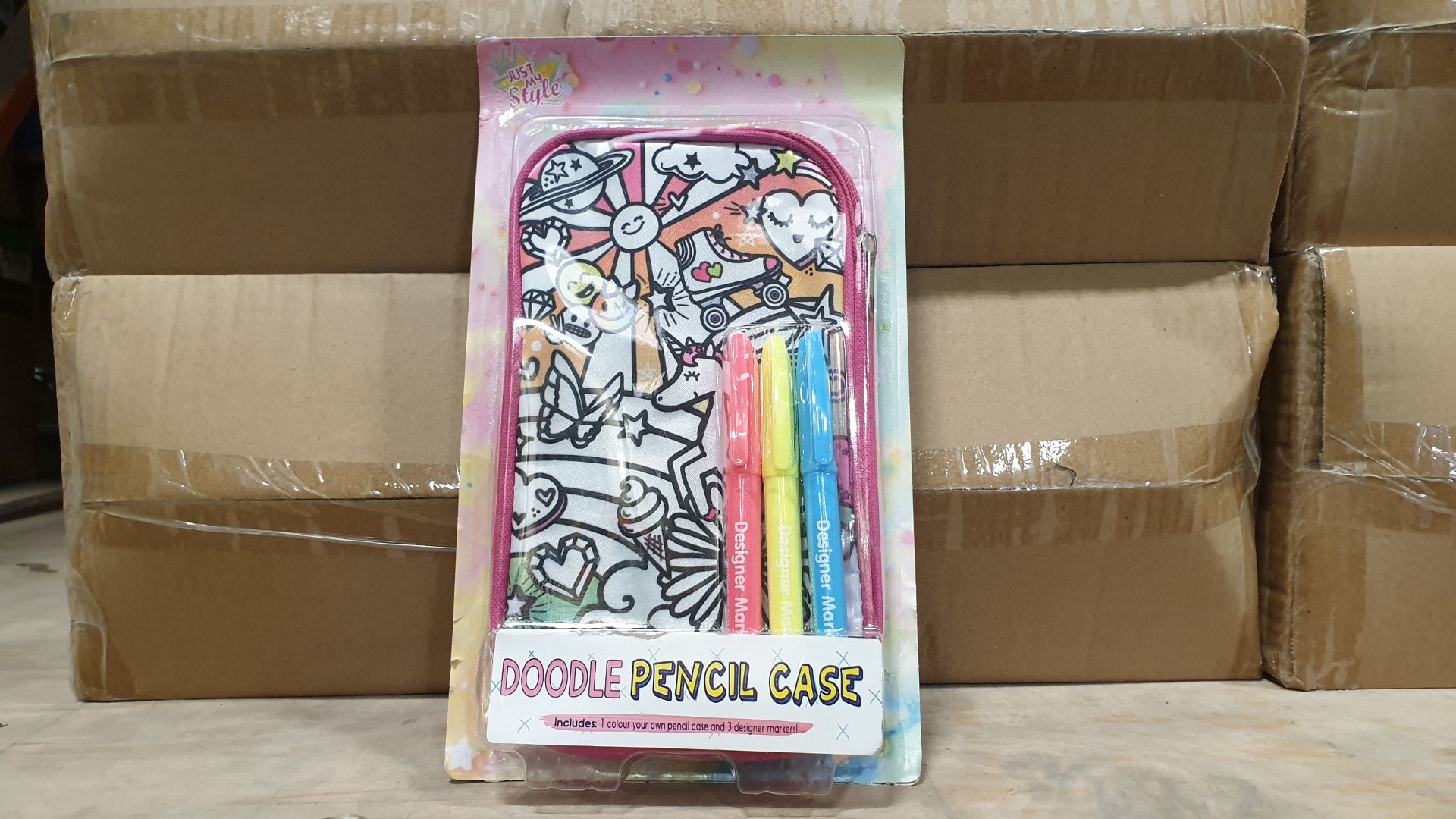 56 X BRAND NEW JUST MY STYLE DOODLE PENCIL CASE WITH CASE AND MARKERS ALL INDIVIDUALLY PACKAGED - IN