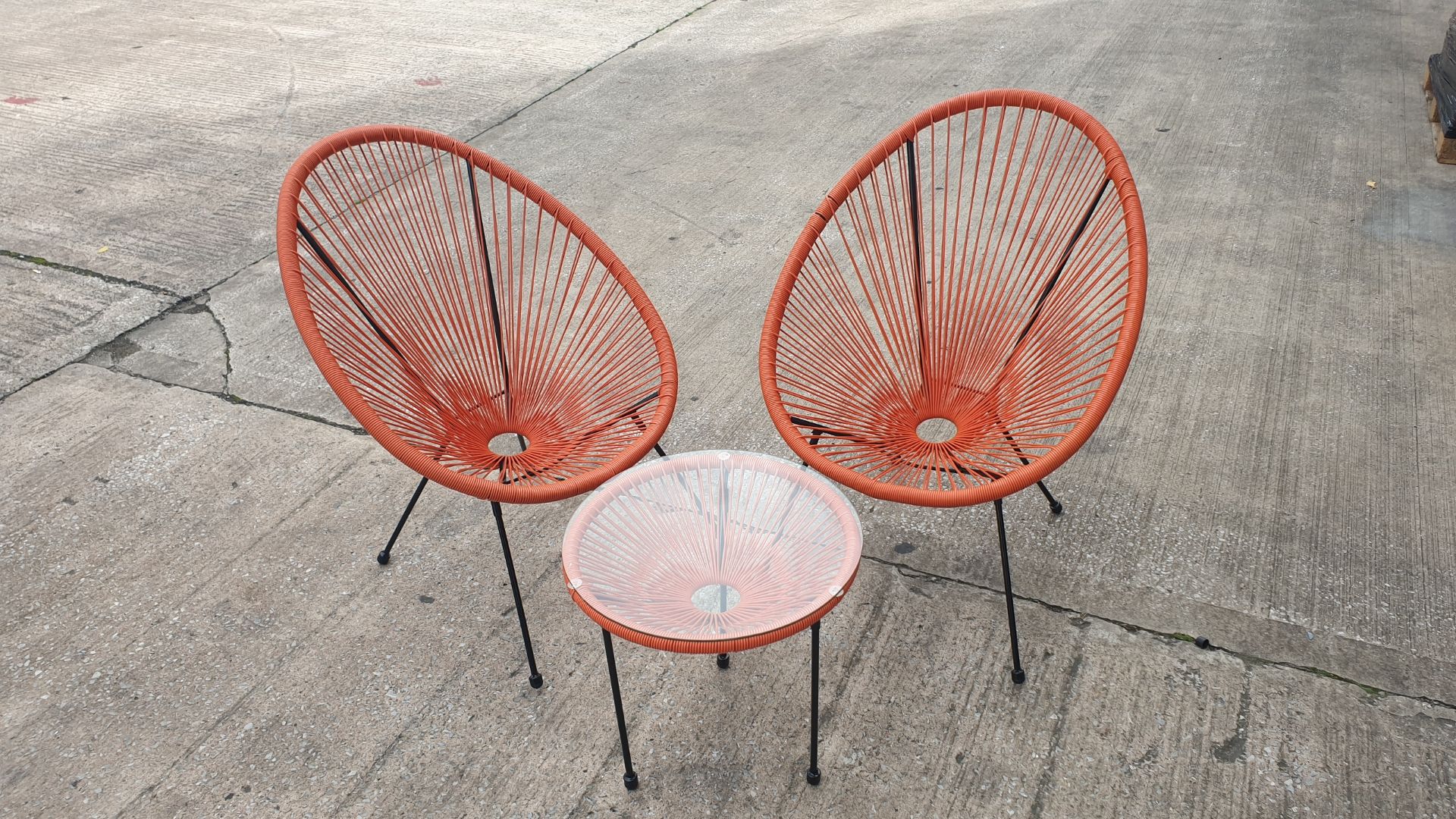 3 PC ORANGE STRING BISTRO SET COMPRISING ROUND COFFEE TABLE WITH TEMPERED GLASS TOP AND 2 SINGLE