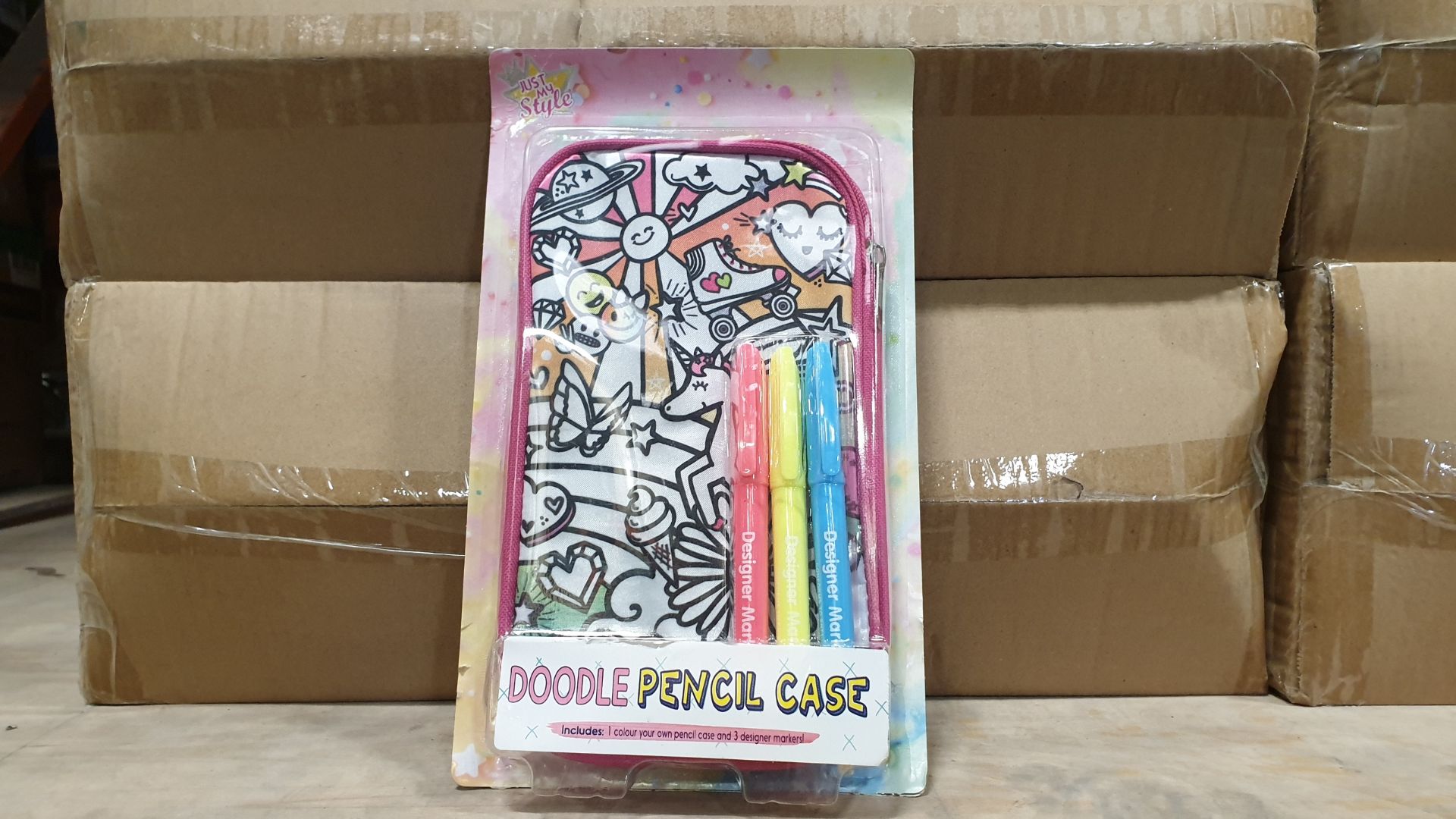 56 X BRAND NEW JUST MY STYLE DOODLE PENCIL CASE WITH CASE AND MARKERS ALL INDIVIDUALLY PACKAGED - IN