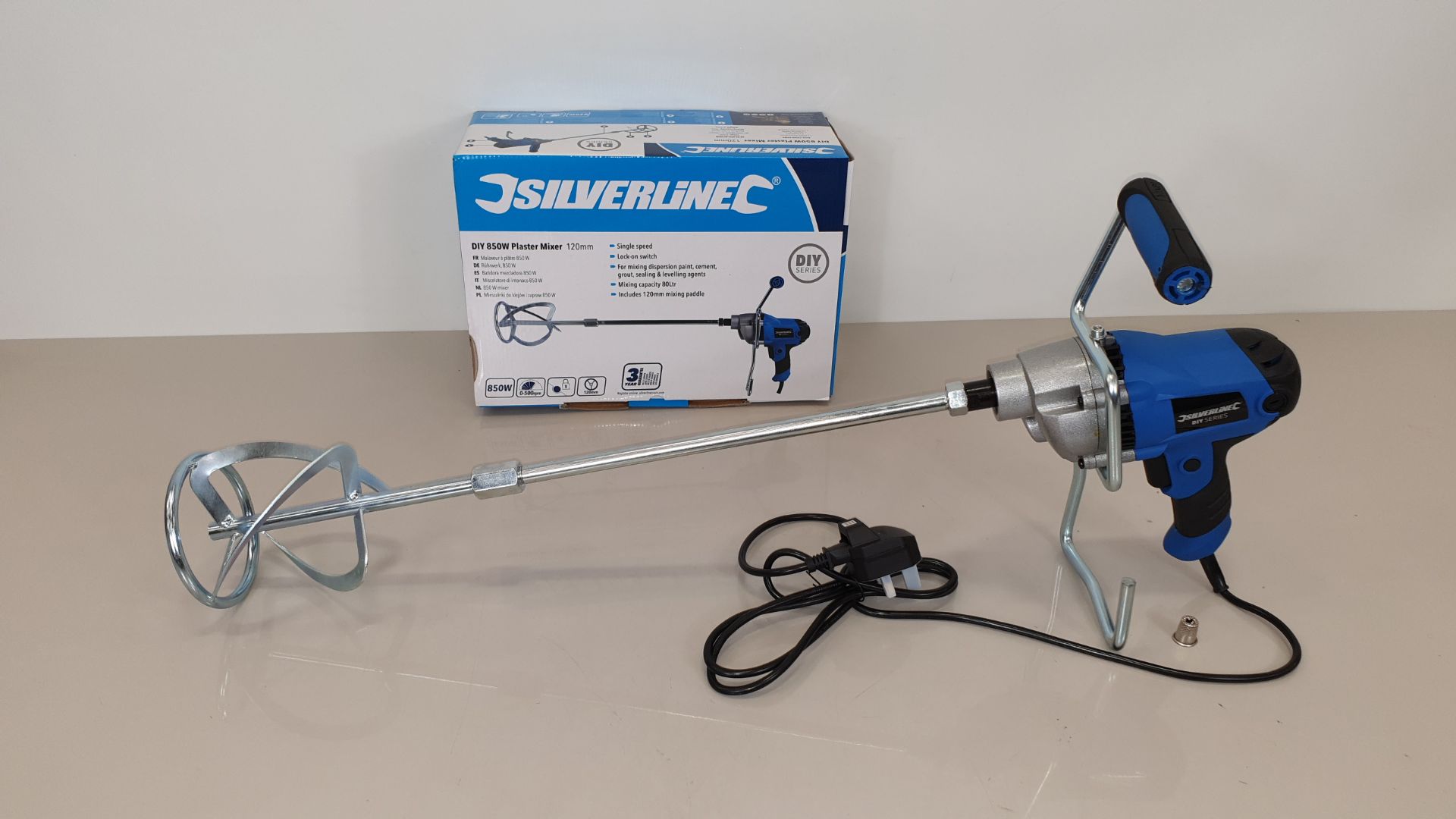 2 X BRAND NEW SILVERLINE DIY 850W PAINT / CEMENT / PLASTER MIXERS WITH 120MM DIA PADDLE, 80 LITRE