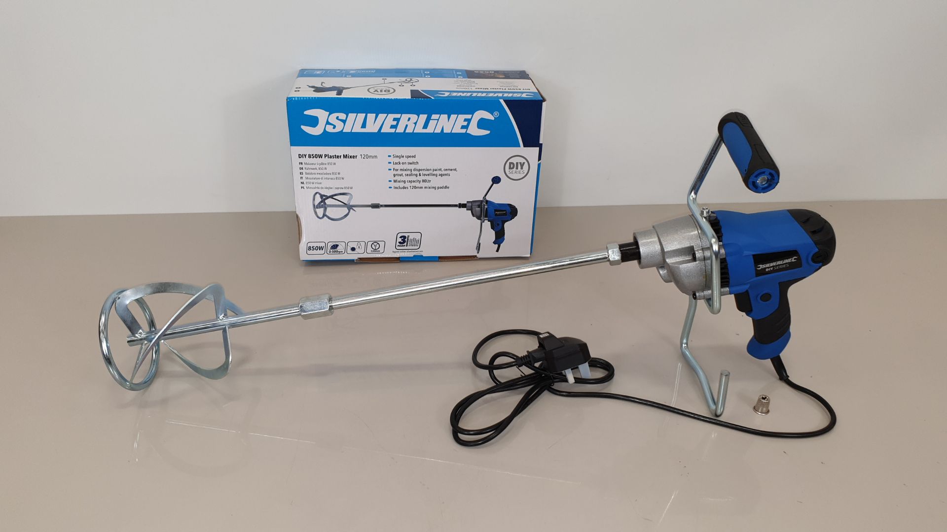 2 X BRAND NEW SILVERLINE DIY 850W PAINT / CEMENT / PLASTER MIXERS WITH 120MM DIA PADDLE, 80 LITRE