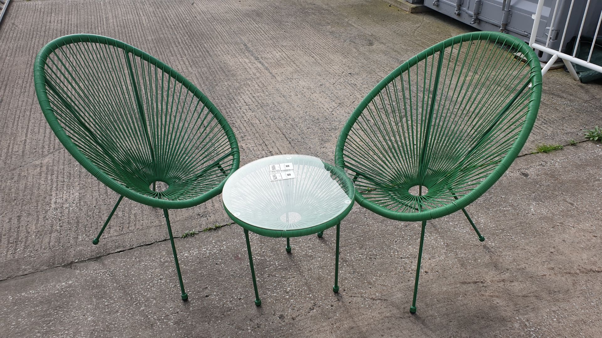 3 PC GREEN STRING BISTRO SET COMPRISING ROUND COFFEE TABLE WITH TEMPERED GLASS TOP AND 2 SINGLE