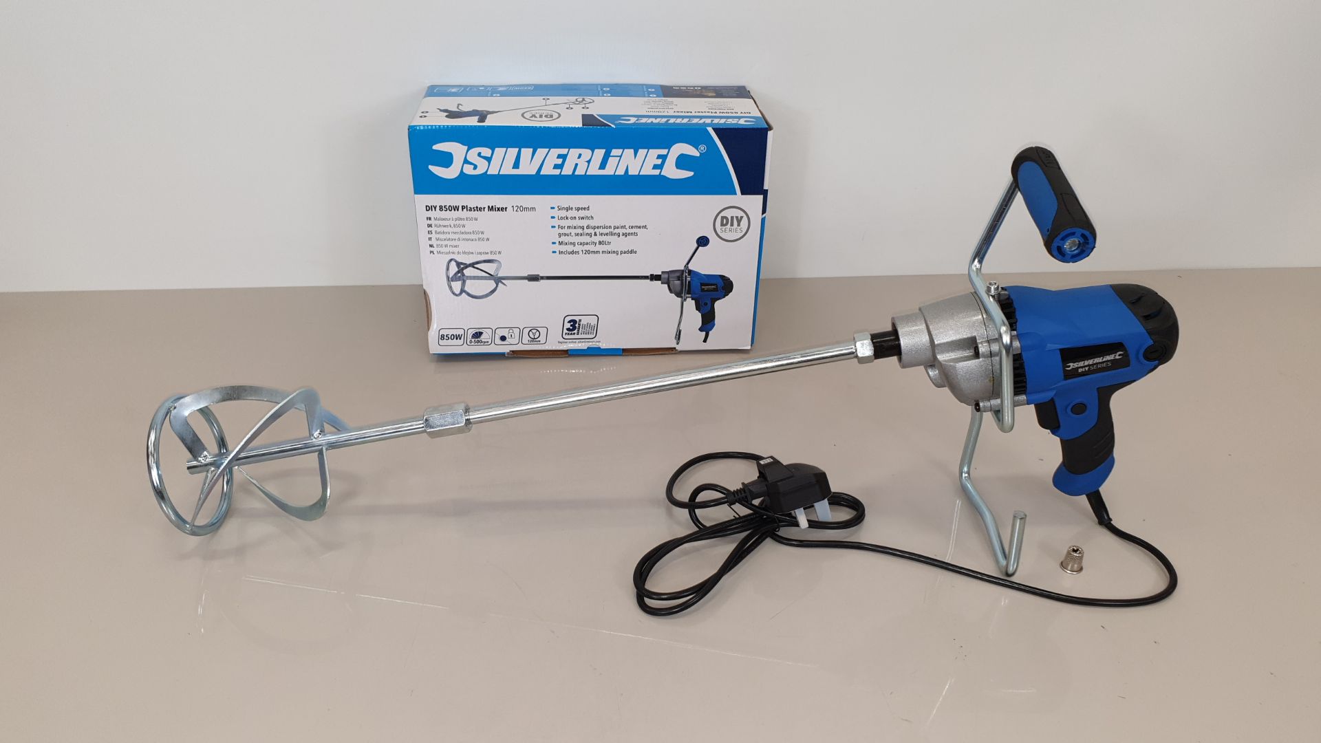 2 X BRAND NEW SILVERLINE DIY 850W PAINT / CEMENT / PLASTER MIXERS WITH 120MM DIA PADDLE, 80 LITRE