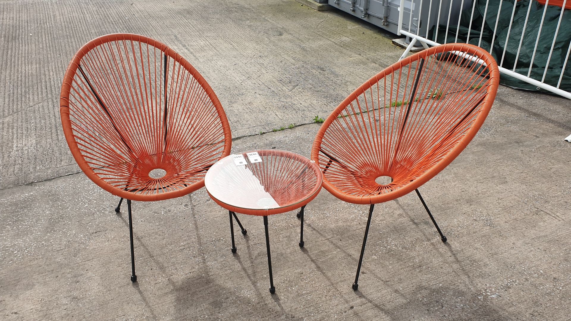 3 PC ORANGE STRING BISTRO SET COMPRISING ROUND COFFEE TABLE WITH TEMPERED GLASS TOP AND 2 SINGLE